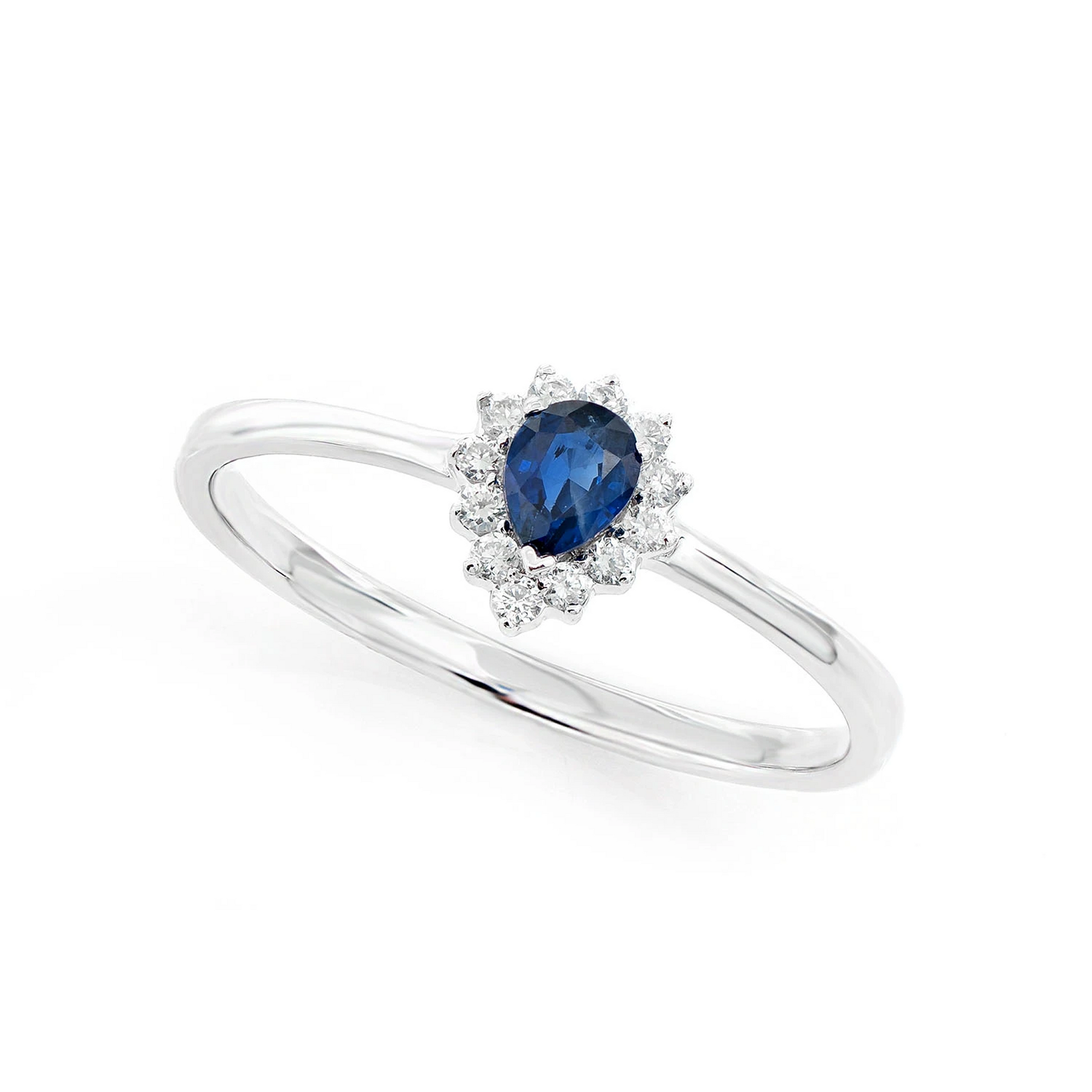 0.2ct Pear Sapphire Halo Ring in 14K white gold, angled view