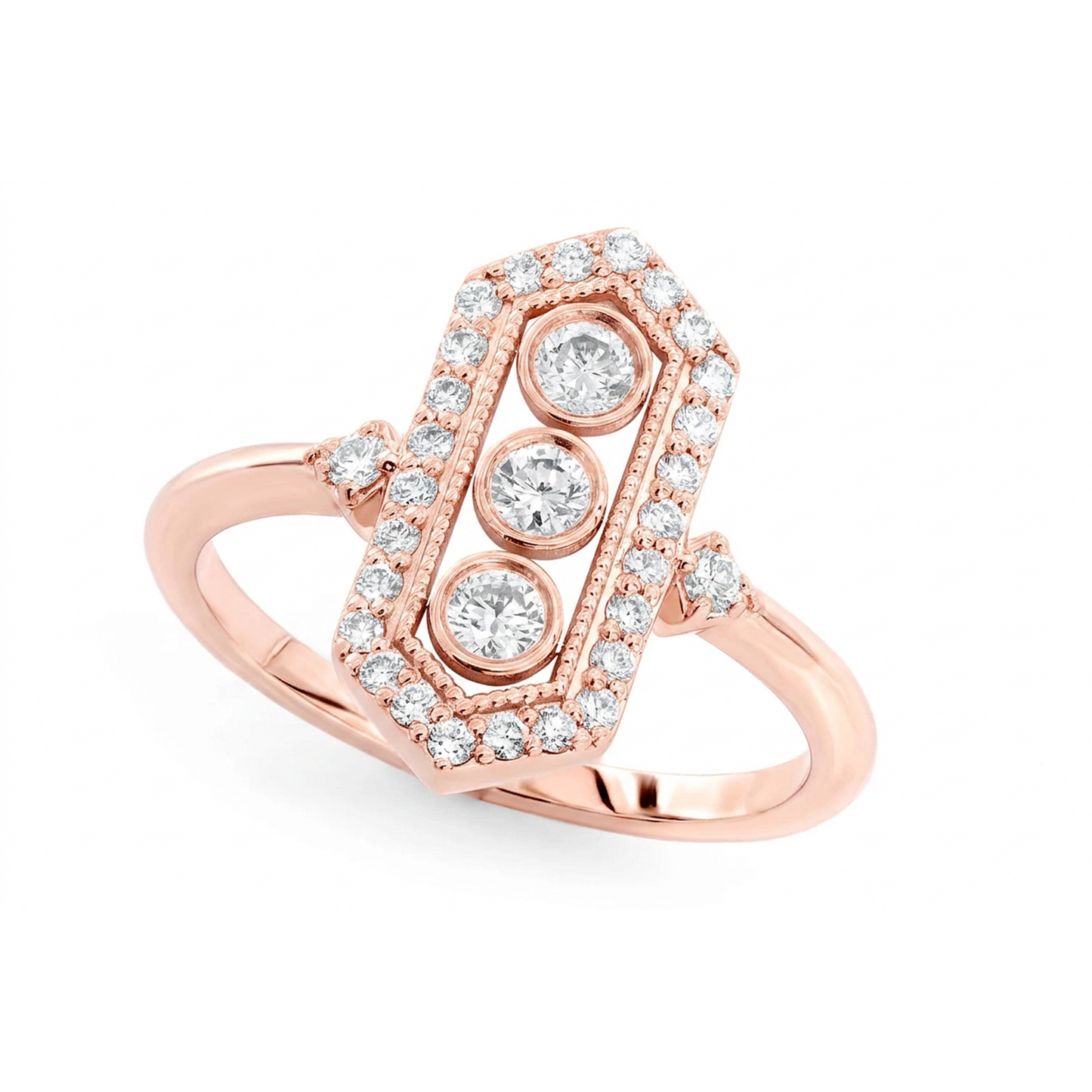Three Bezel Milgrain Diamond Ring in 14K rose gold, front view