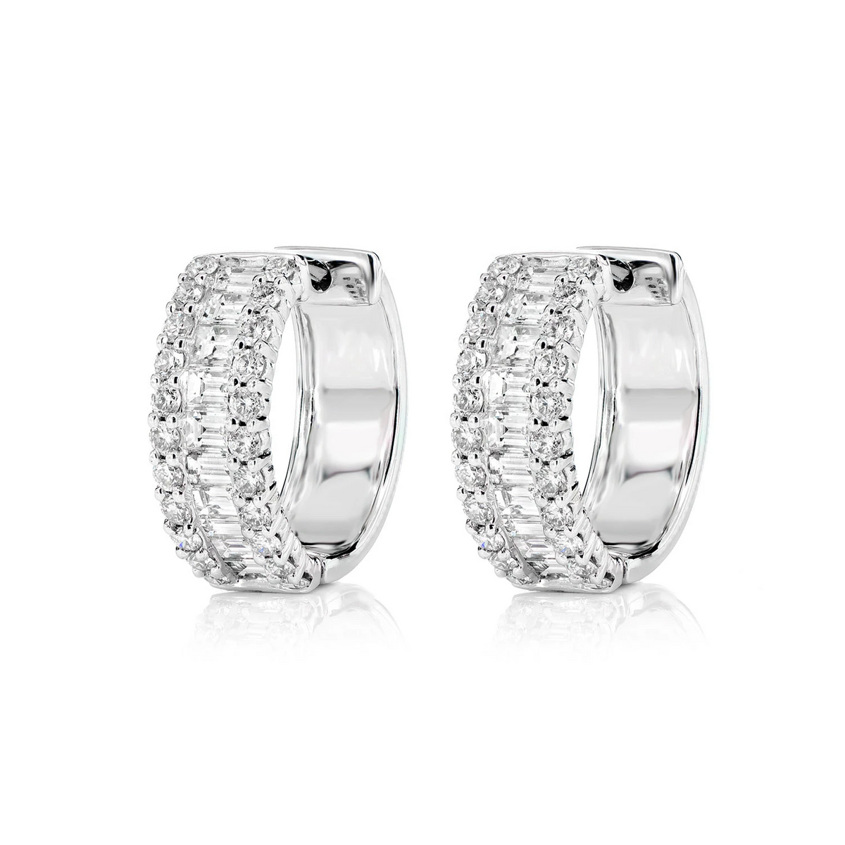 Baguette and Round Border Diamond Hoop Earrings