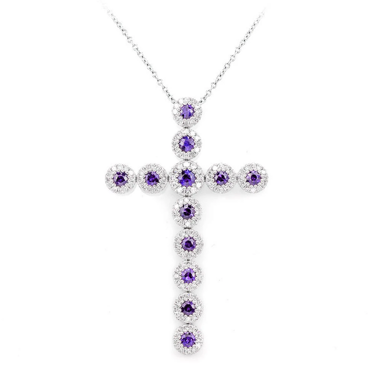 Amethyst and Diamond Halo Cross Necklace