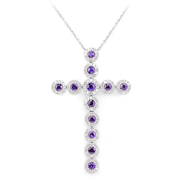 Amethyst and Diamond Halo Cross Necklace