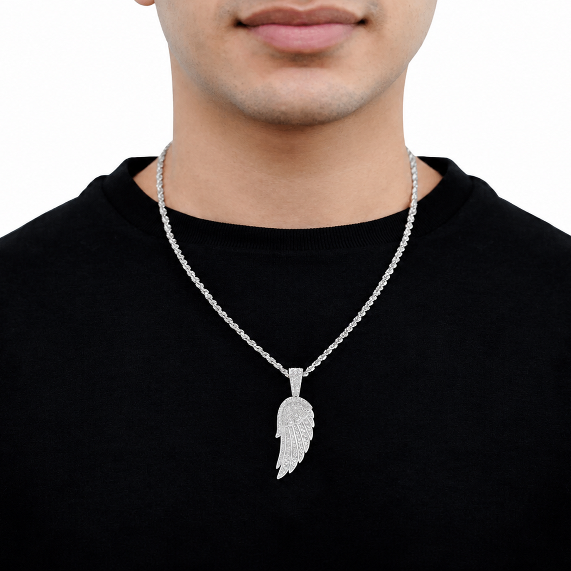 Angel Wing Feather Diamond Pendant in 14K white gold, Statement | 2.35ctw, angled view