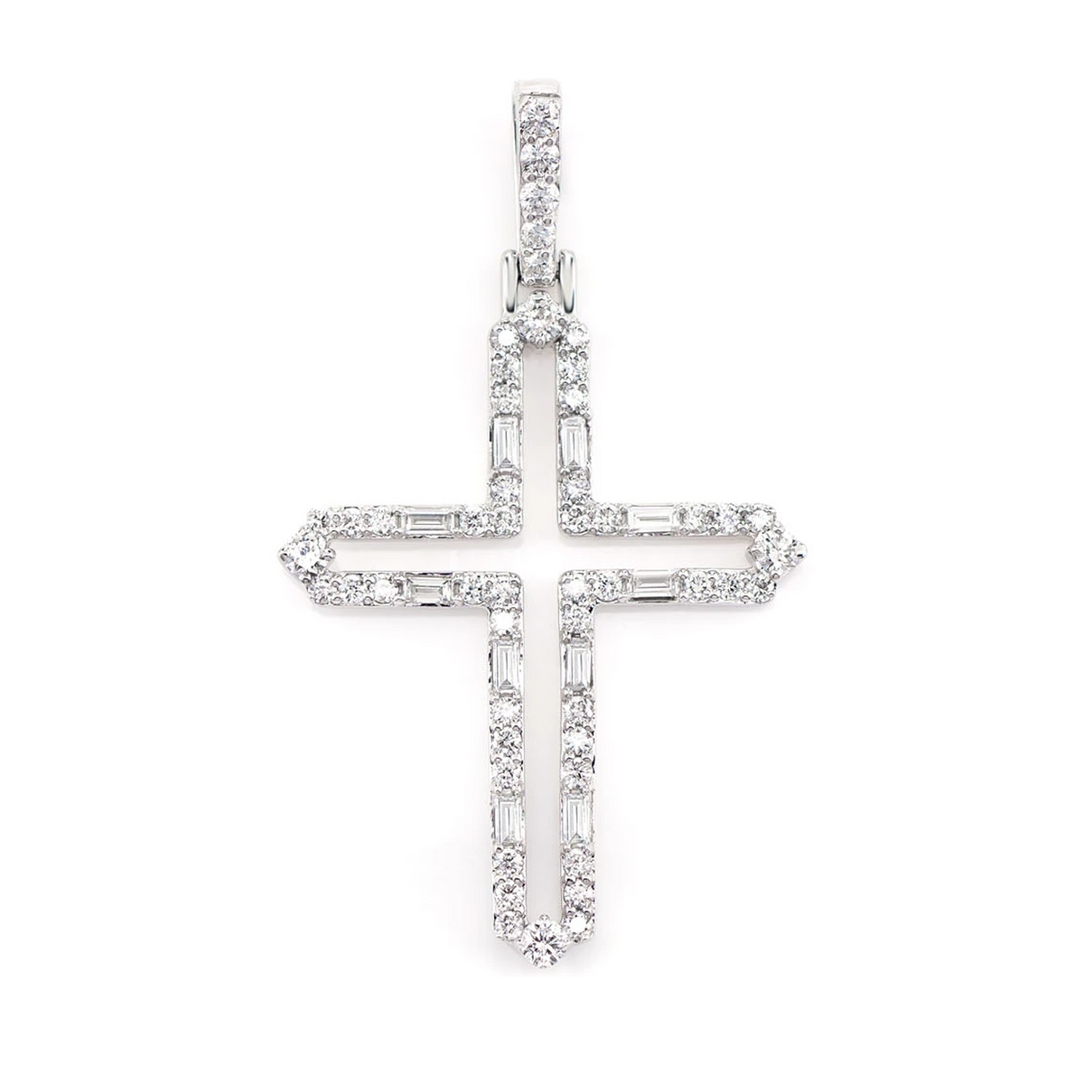 Four Point Round and Baguette Diamond Open Cross Pendant