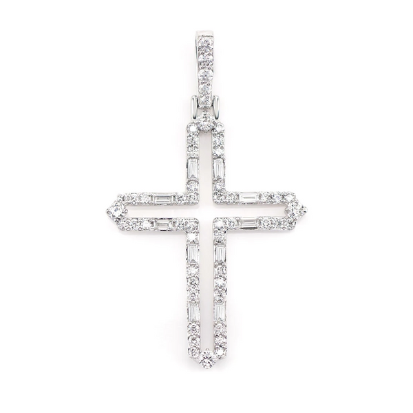 Four Point Round and Baguette Diamond Open Cross Pendant