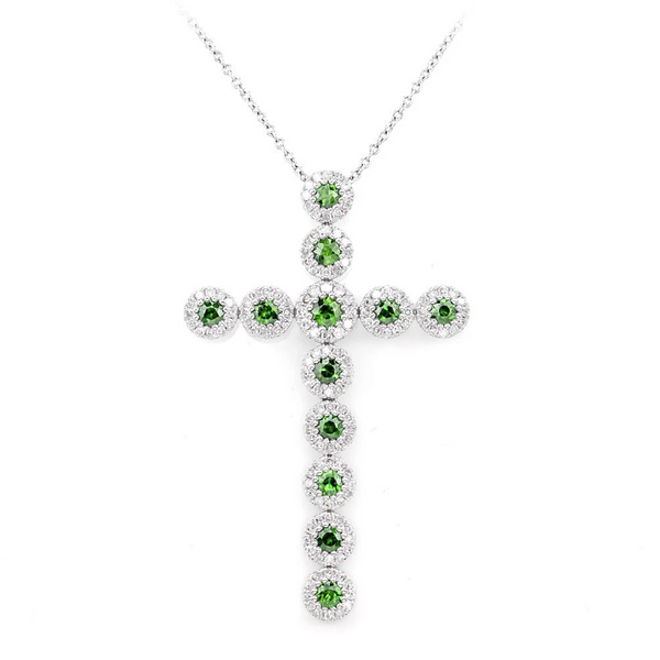 Emerald and Diamond Halo Cross Necklace
