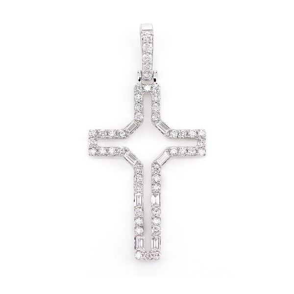 Open Round and Baguette Diamond Cross Pendant