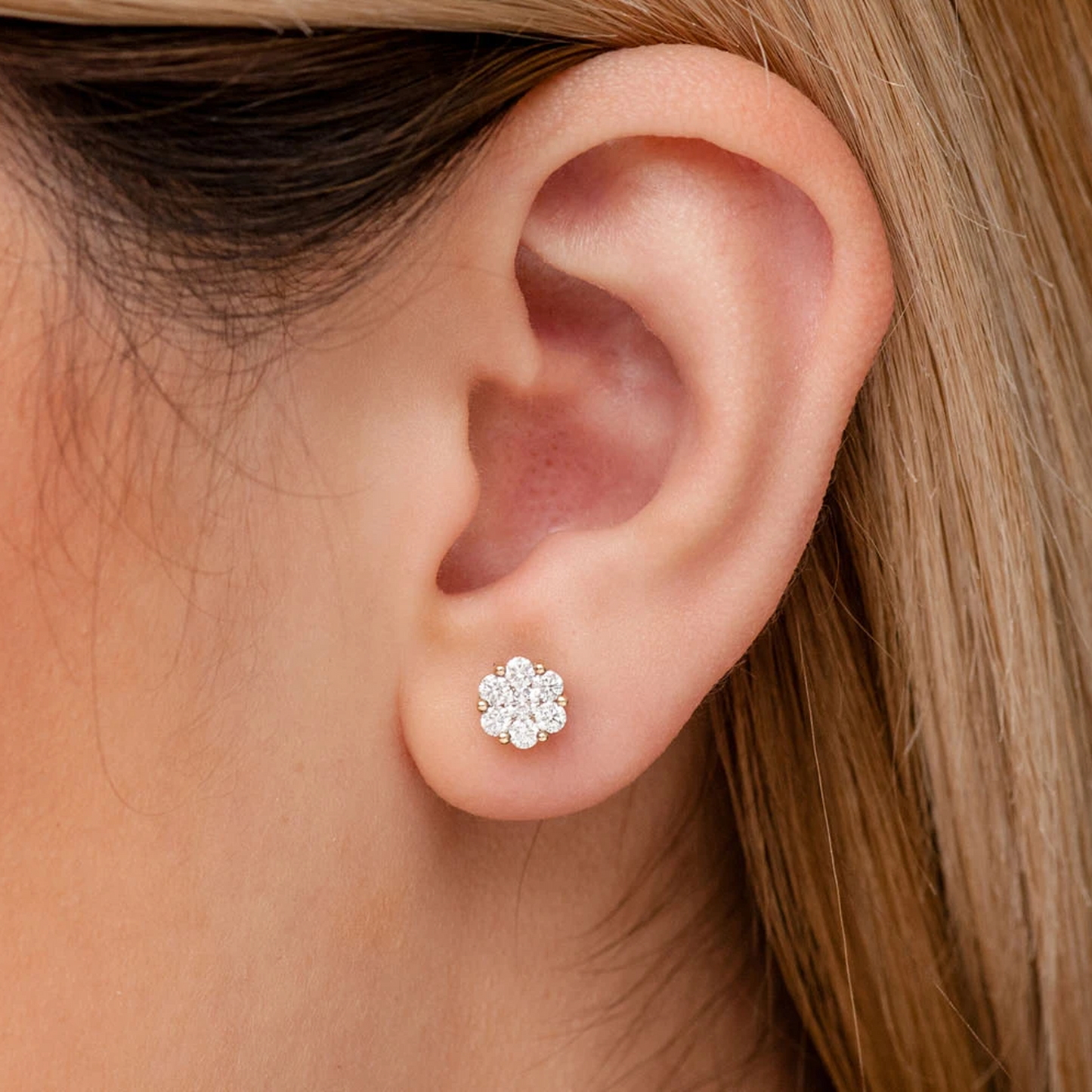 Flower Diamond Studs in 14K yellow gold, 0.75ctw, worn view