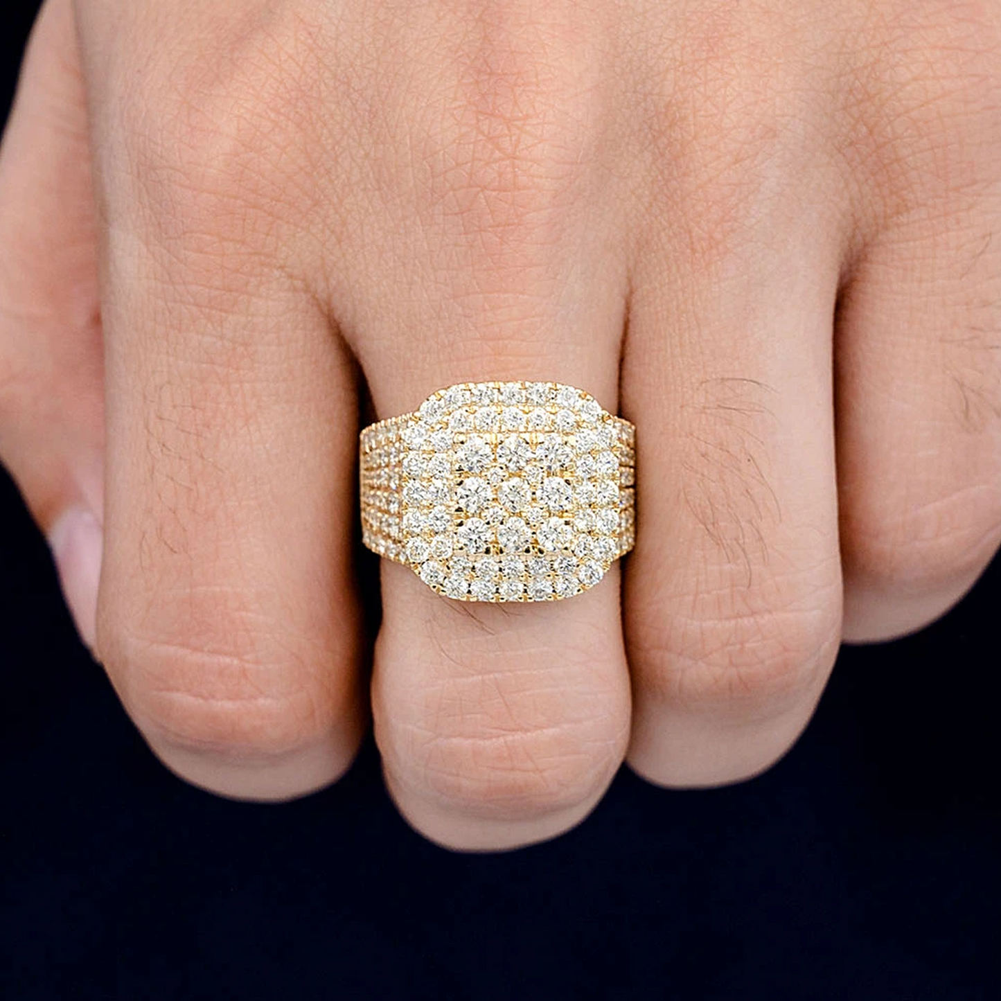 Cushion Shape Diamond Signet Ring in 14K yellow gold, angled view