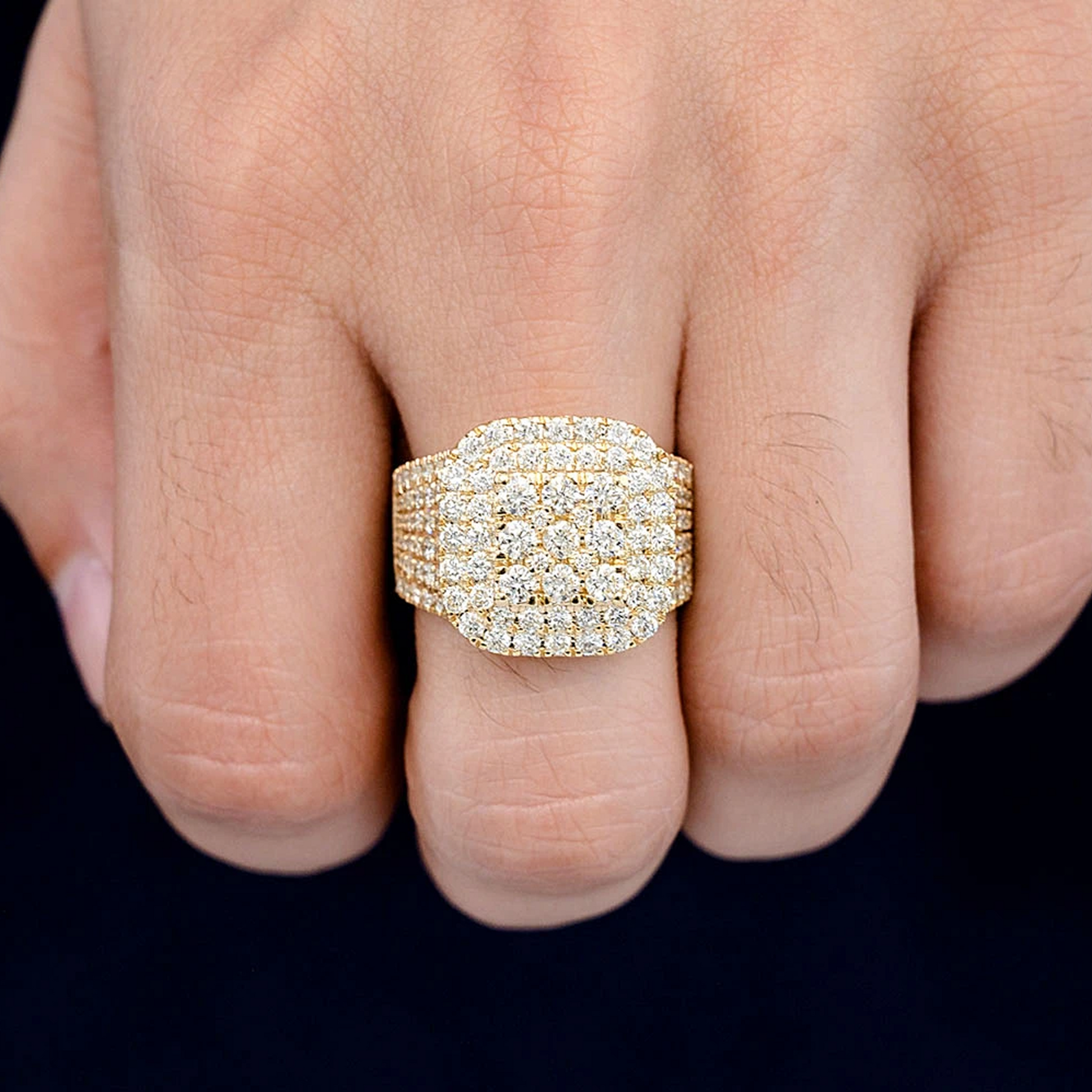 Cushion Shape Diamond Signet Ring in 14K yellow gold, angled view