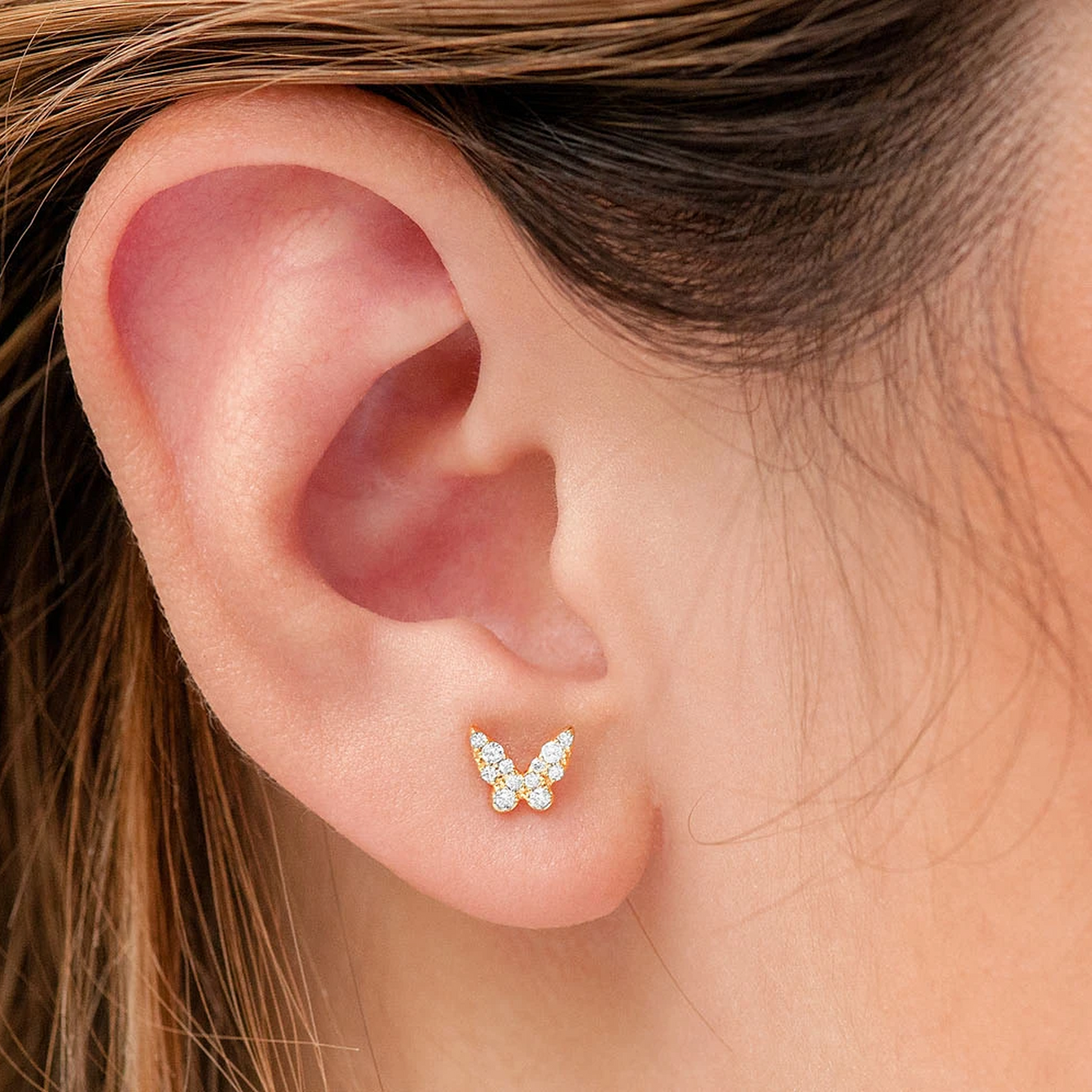 Butterfly Diamond Studs in 14K rose gold, angled view