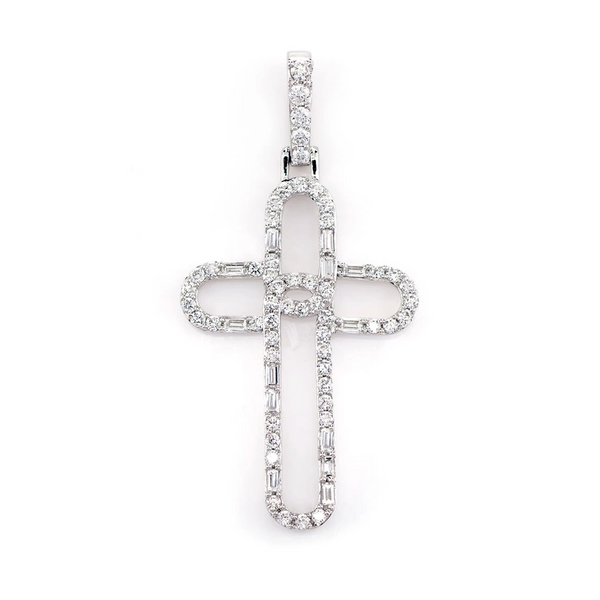 Open Baguette and Round Diamond Trinity Cross Pendant