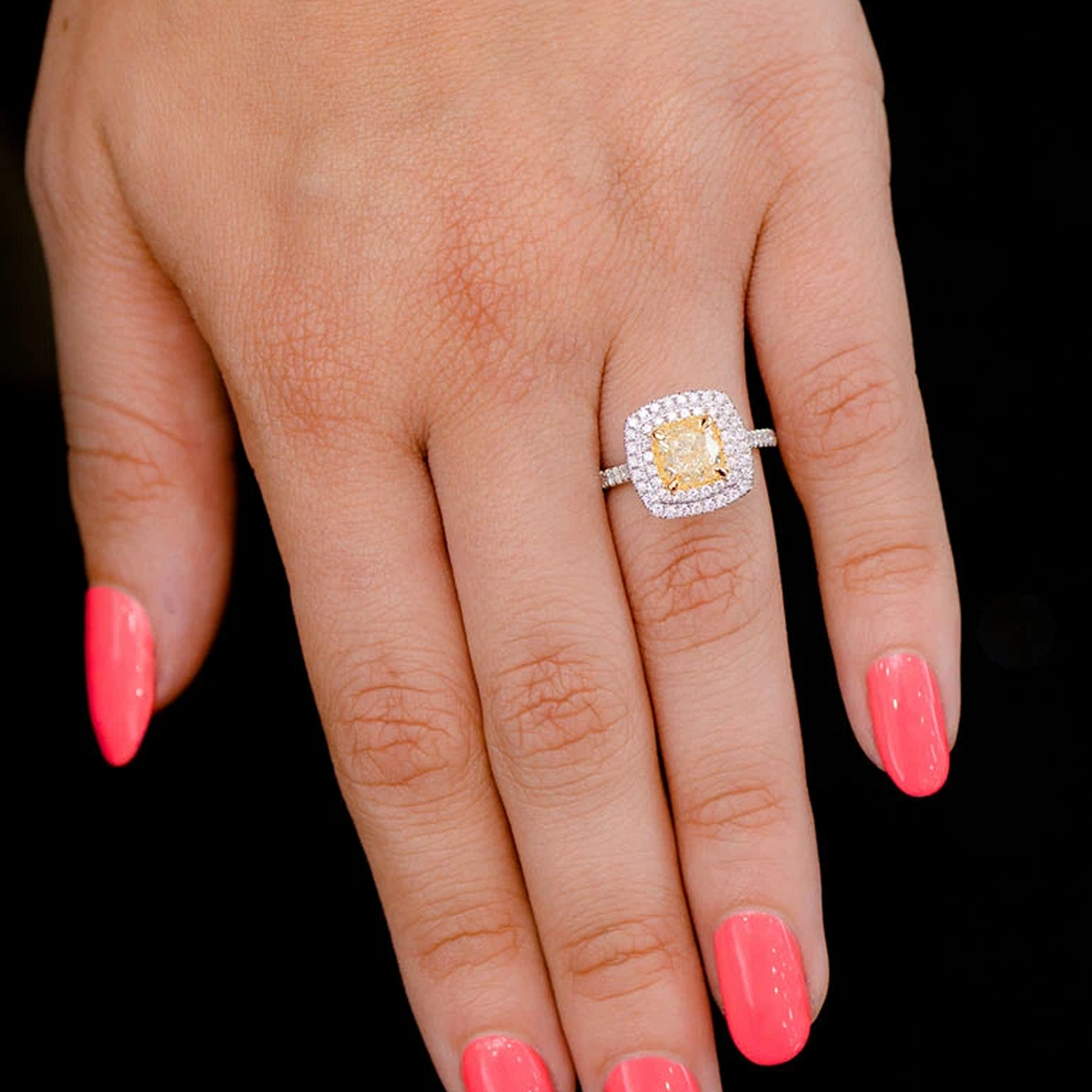 Classic Yellow Diamond Double Halo Engagement Ring in two-tone 14k gold, worn view