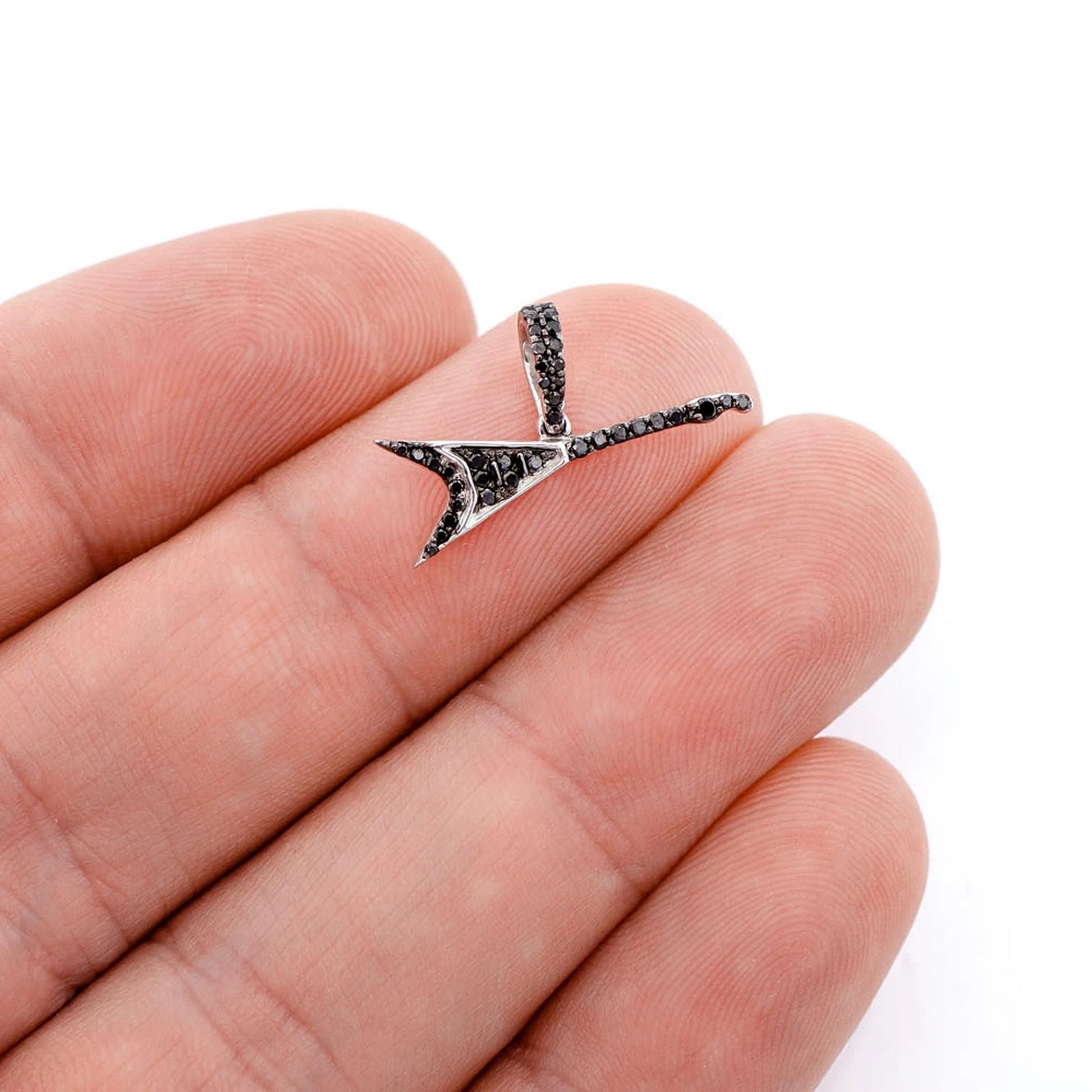 Flying V Guitar Black Diamond Pendant in 14K white gold, angled view