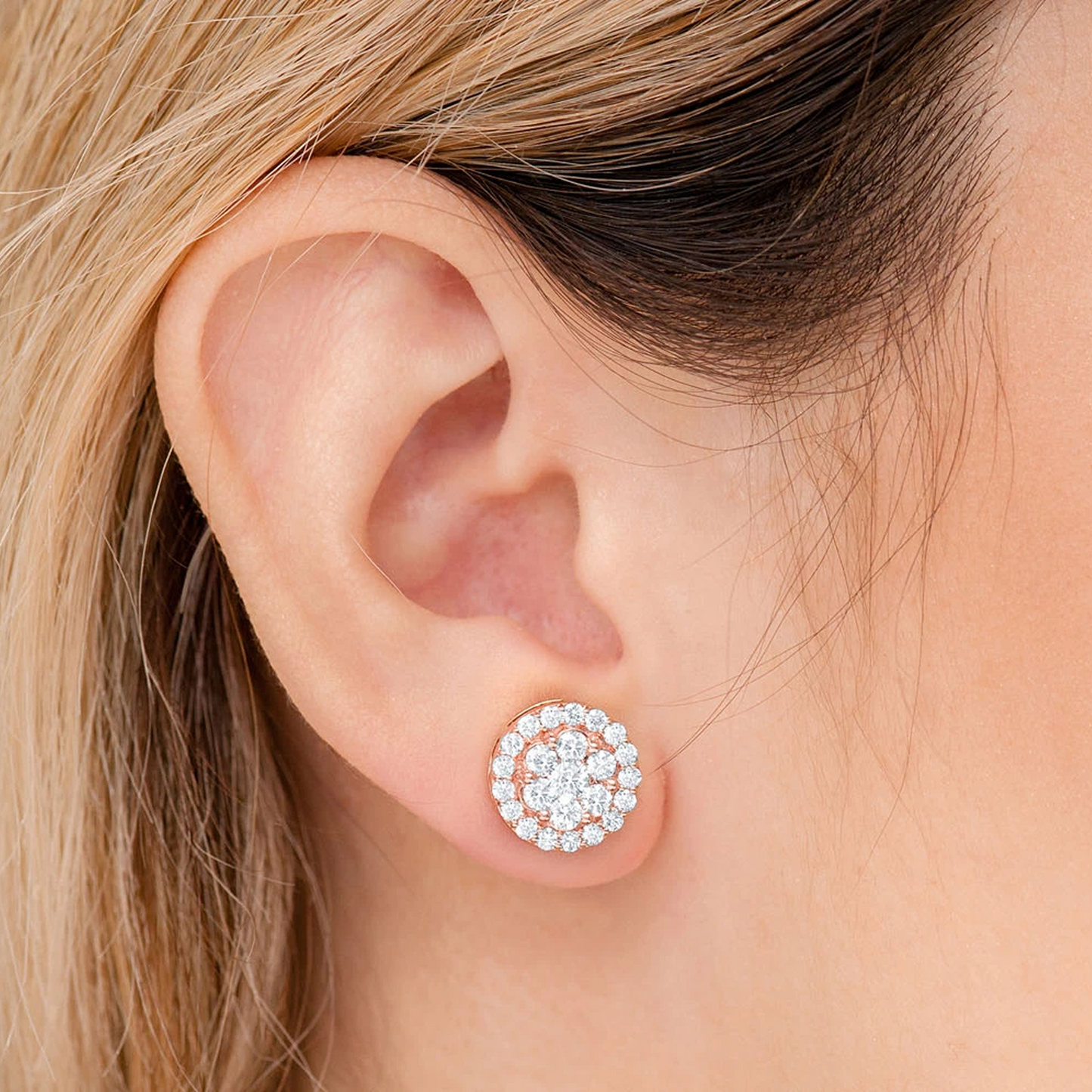 Halo Flower Diamond Studs in 14K white gold, 3.00ctw, worn view