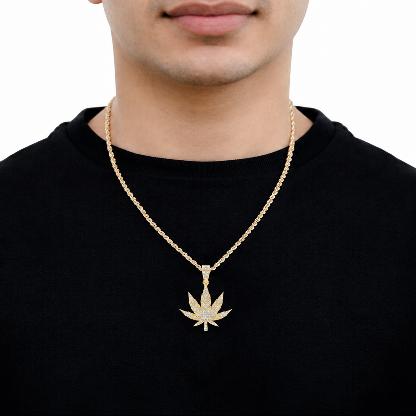 Cannabis Leaf Diamond Pendant in 14K yellow gold, Statement | 1.60ctw, angled view