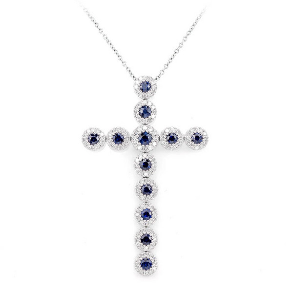 Sapphire and Diamond Halo Cross Necklace