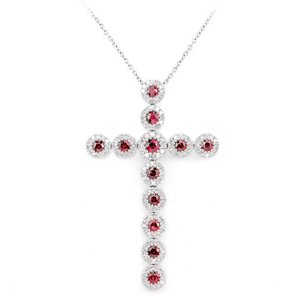 Ruby and Diamond Halo Cross Necklace