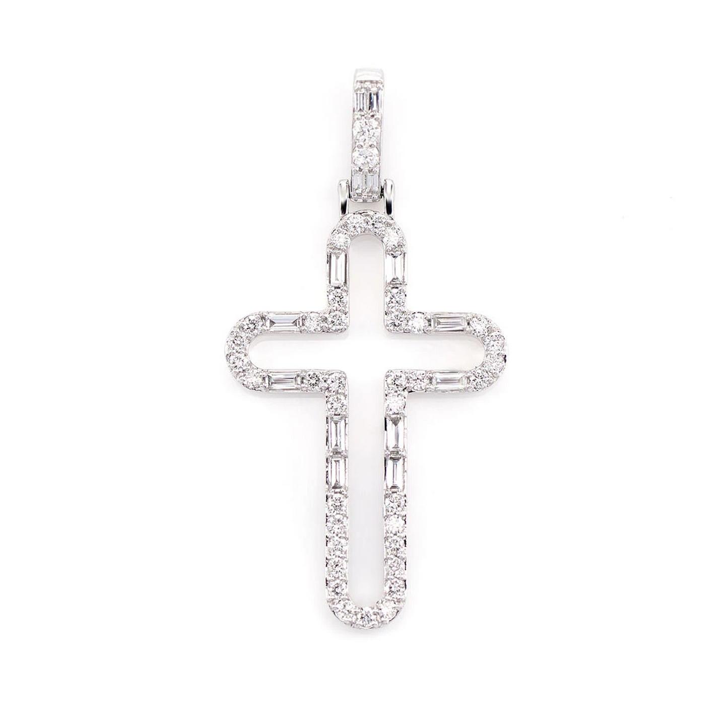 Rounded Open Round and Baguette Diamond Cross Pendant