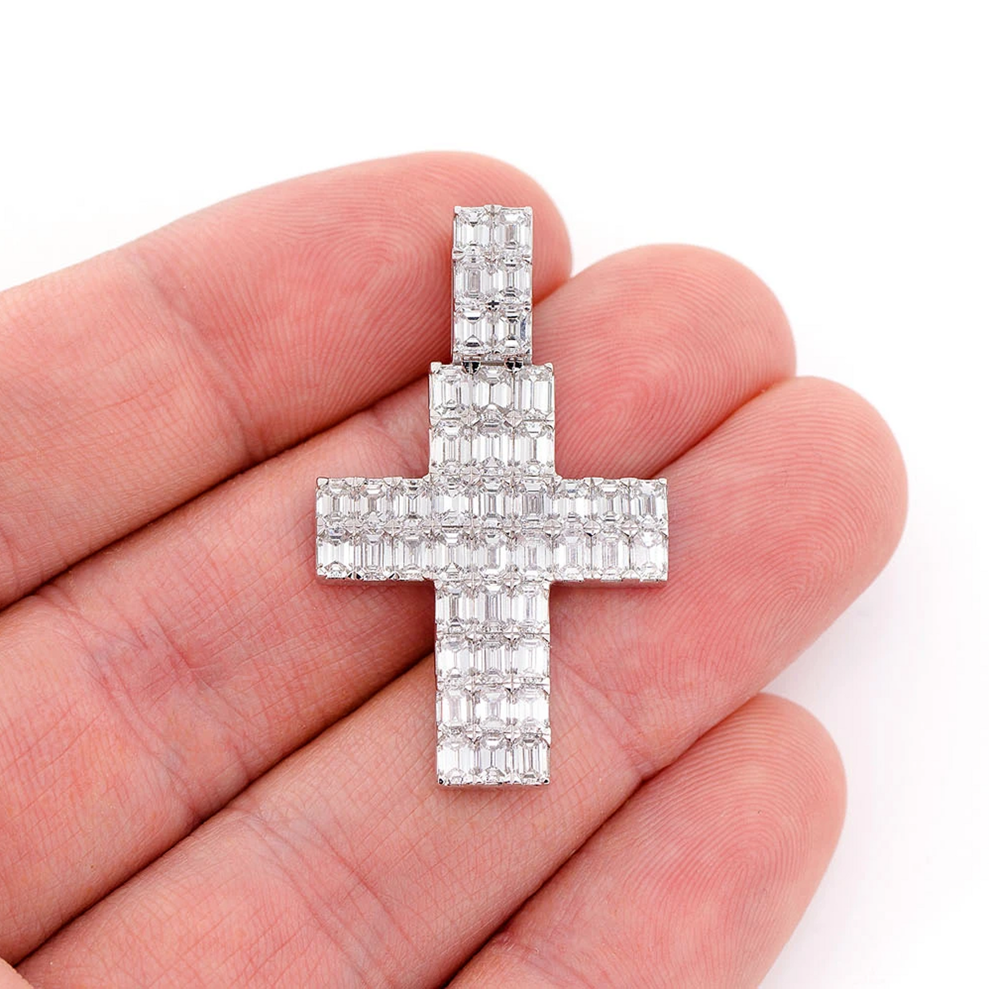 Emerald Cut Diamond Cross Pendant in 14K white gold, angled view