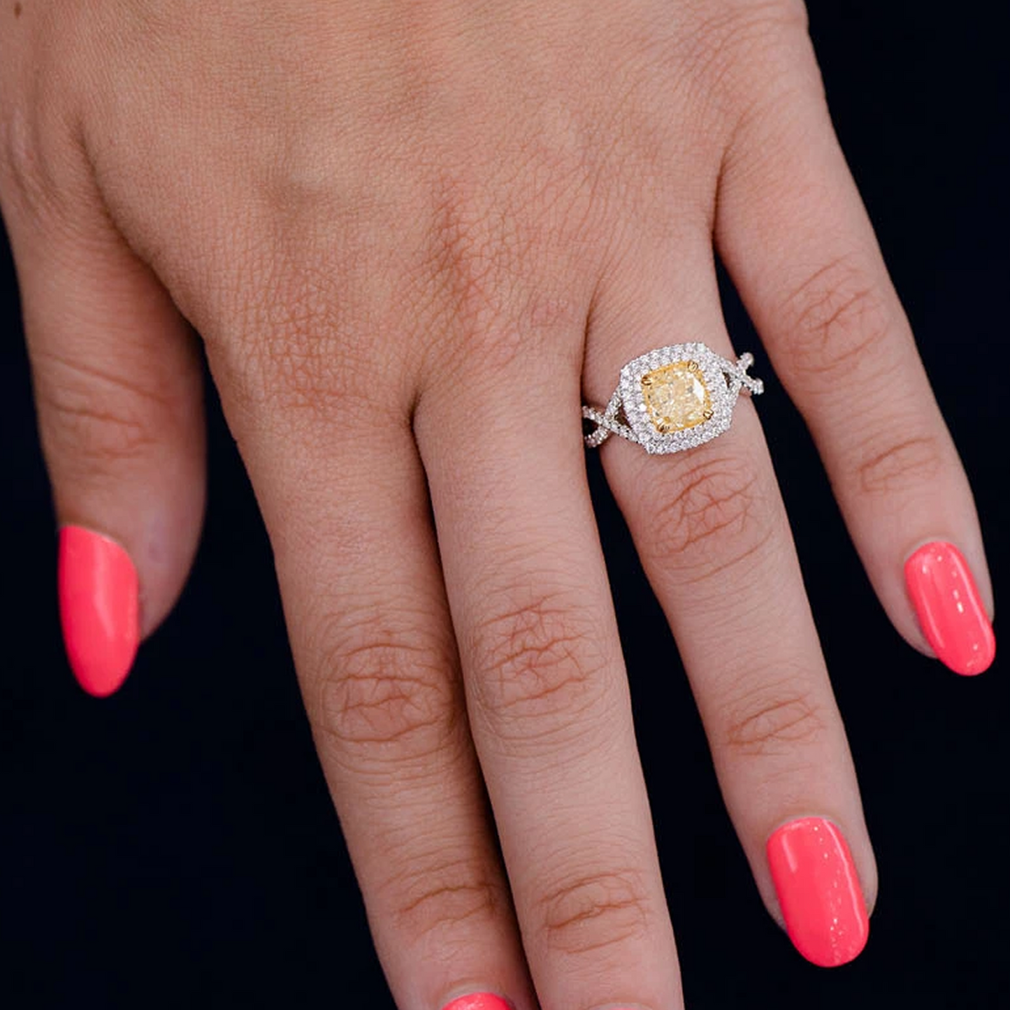 Yellow Diamond Double Halo Engagement Ring in two-tone 14k gold, worn view