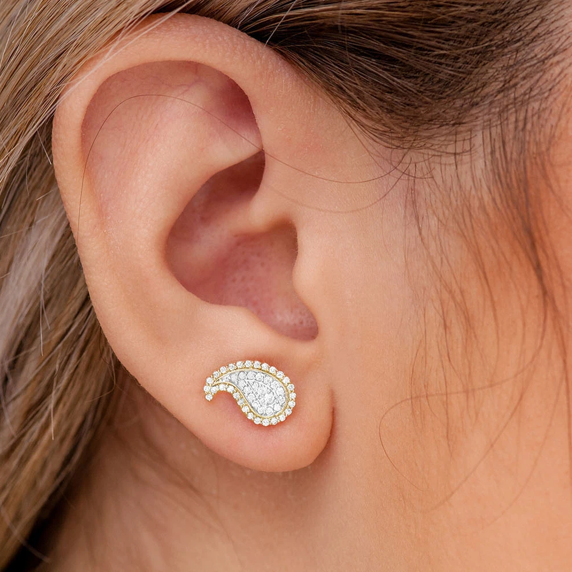 Paisley Diamond Stud Earrings in 14K yellow gold, alternate view