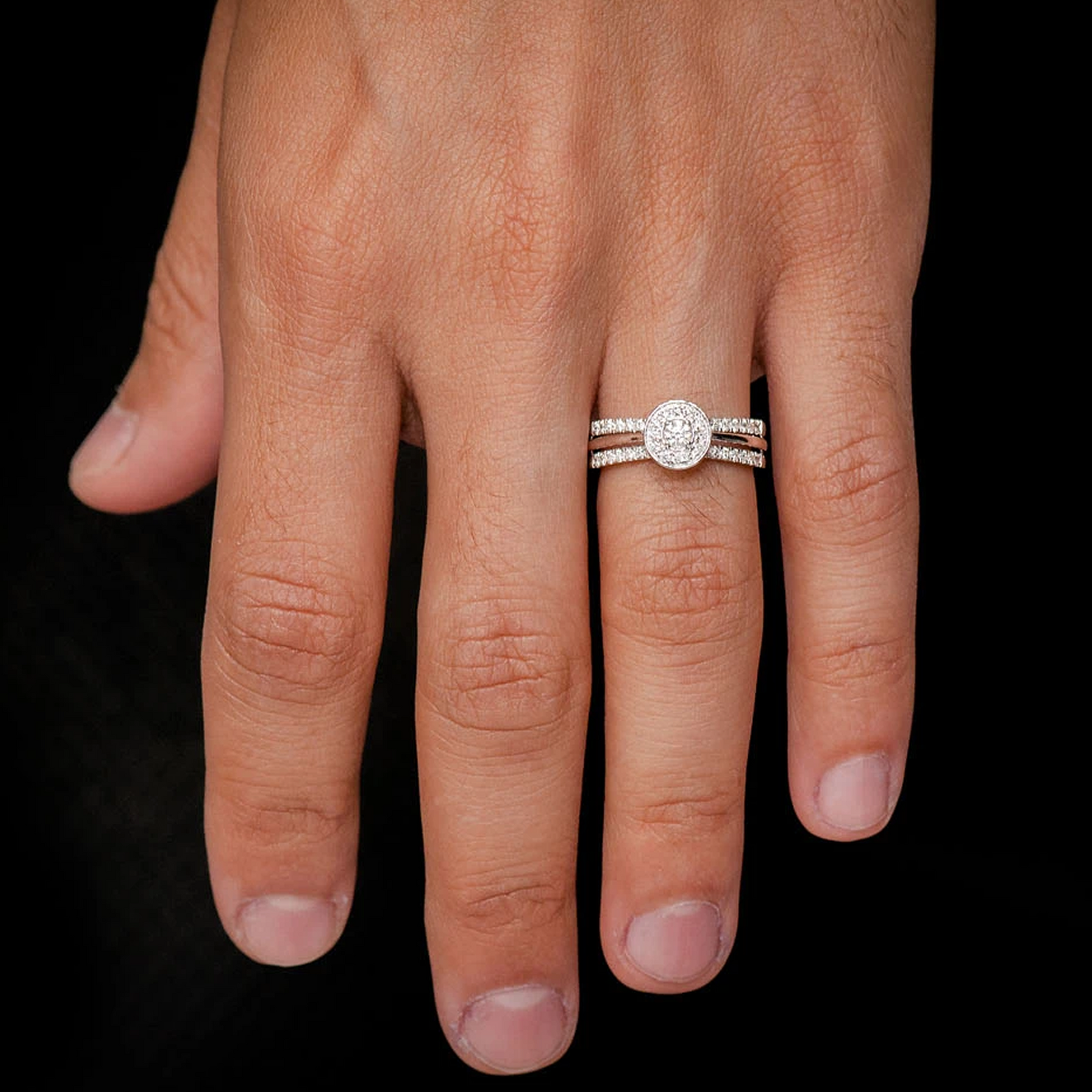 Double Band Round Halo Diamond Engagement Ring in 14K white gold, worn view
