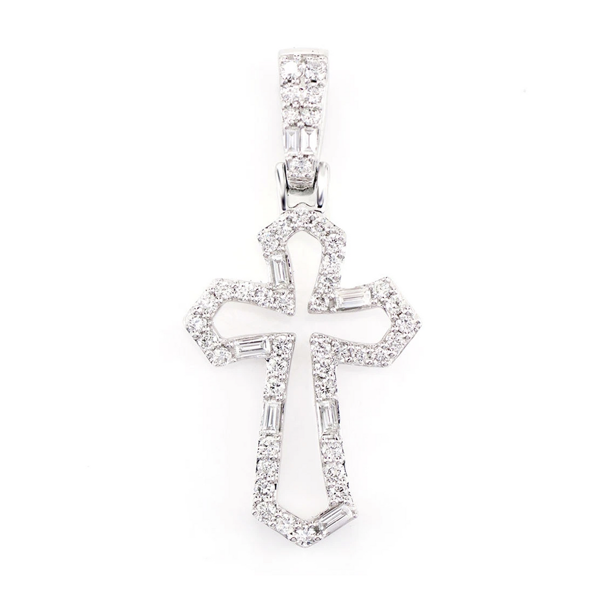 Tapered Open Round and Baguette Diamond Cross Pendant