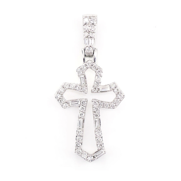 Tapered Open Round and Baguette Diamond Cross Pendant
