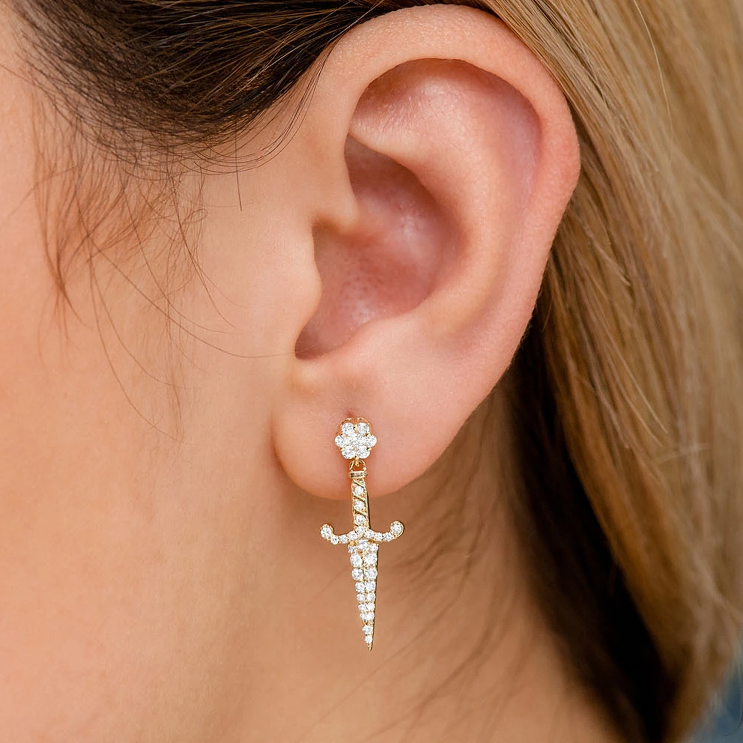Ancient Sword Diamond Drops in 14K rose gold, angled view