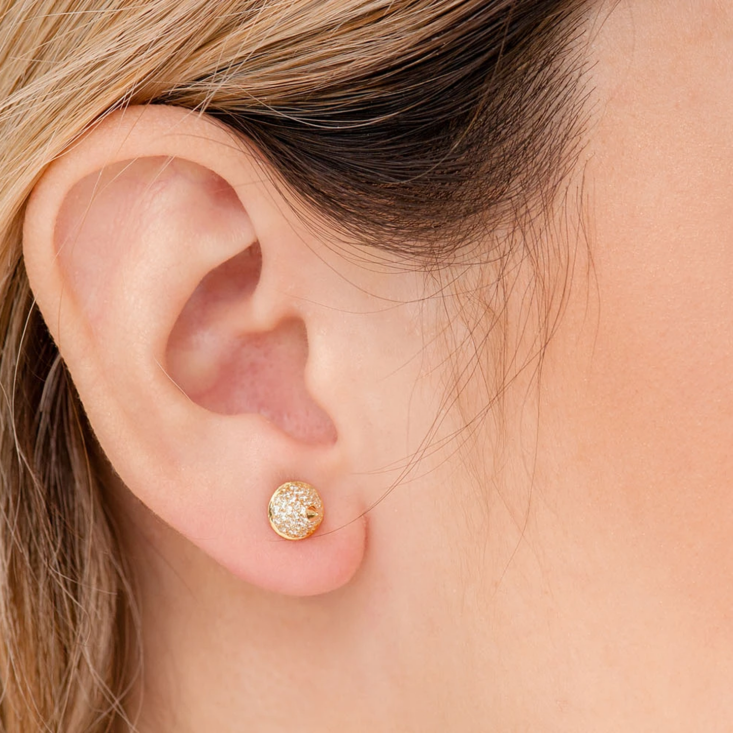 Bullet Point Diamond Studs in 14K yellow gold, angled view