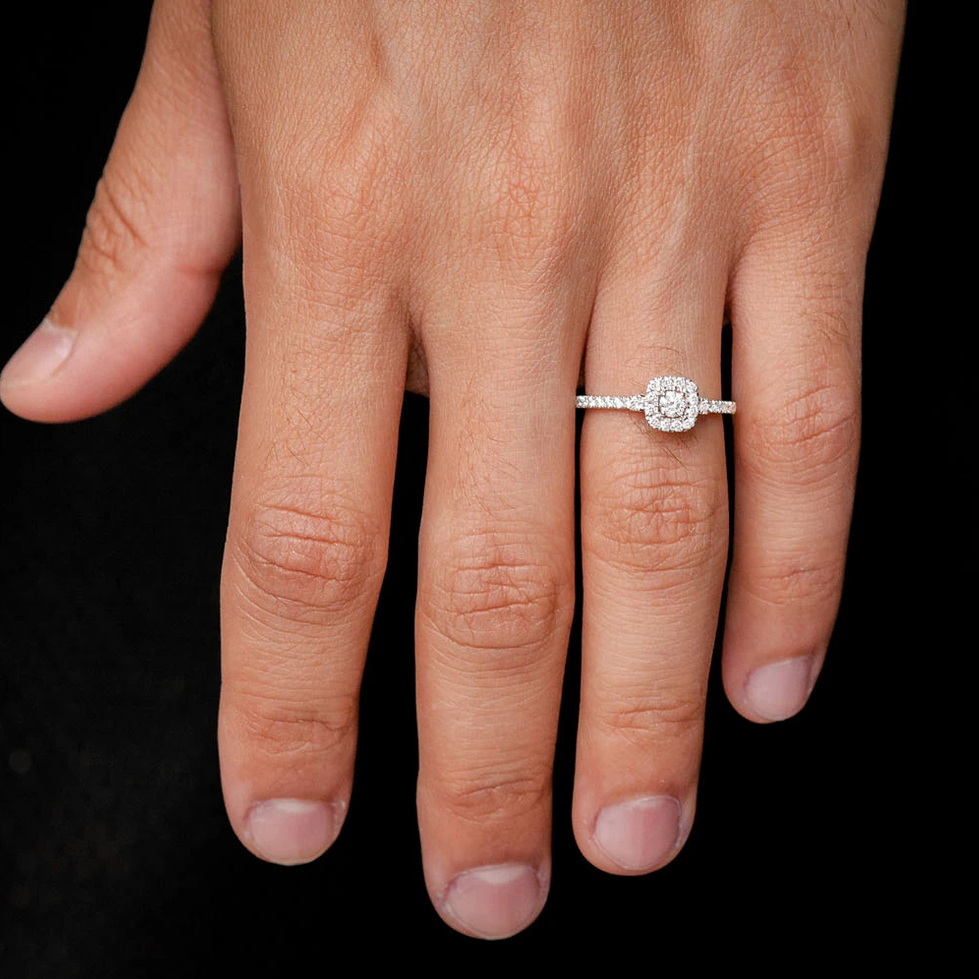 Single Band Halo Diamond Ring in 14K rose gold, angled view