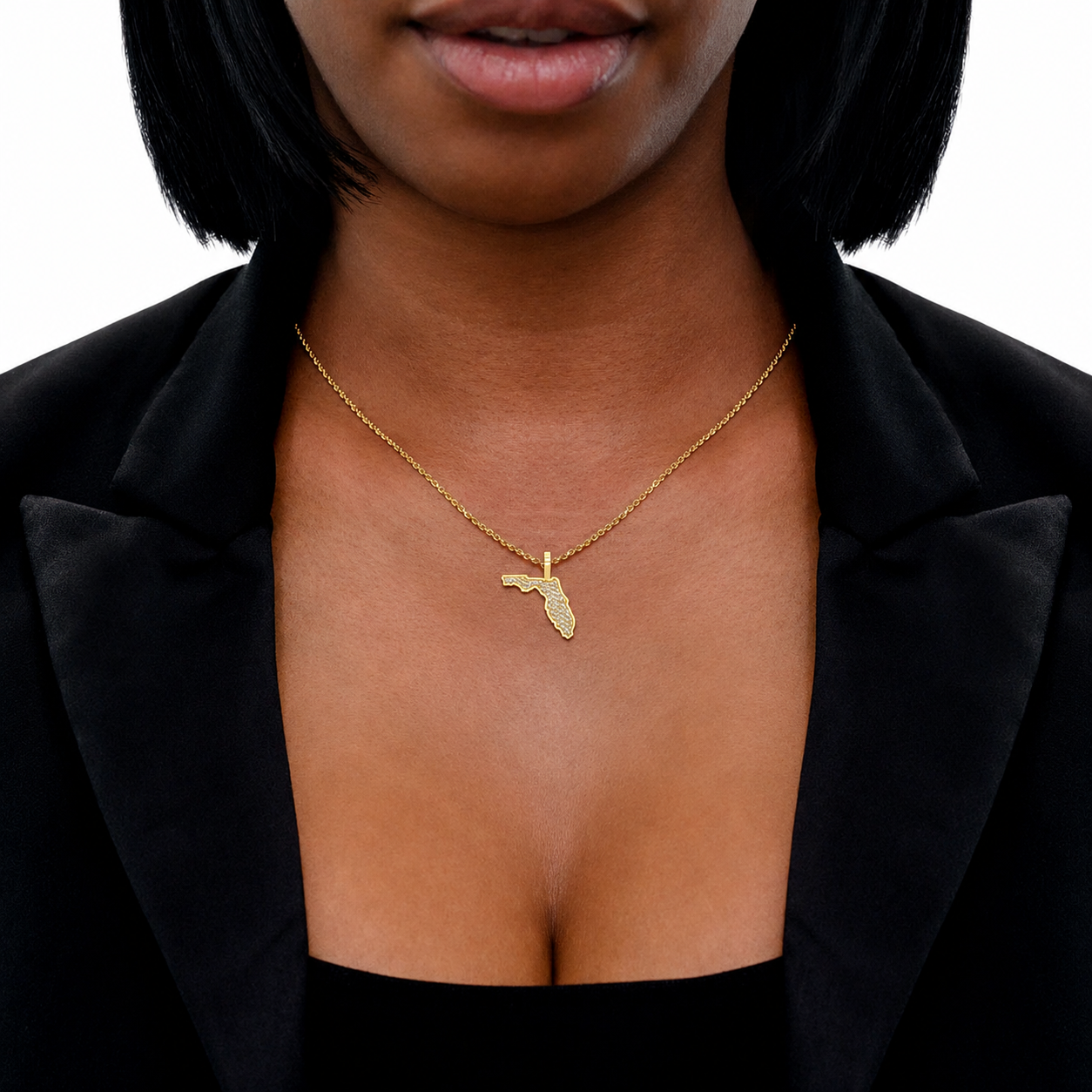 US State Diamond Pendant in 14K rose gold, Florida design, angled view