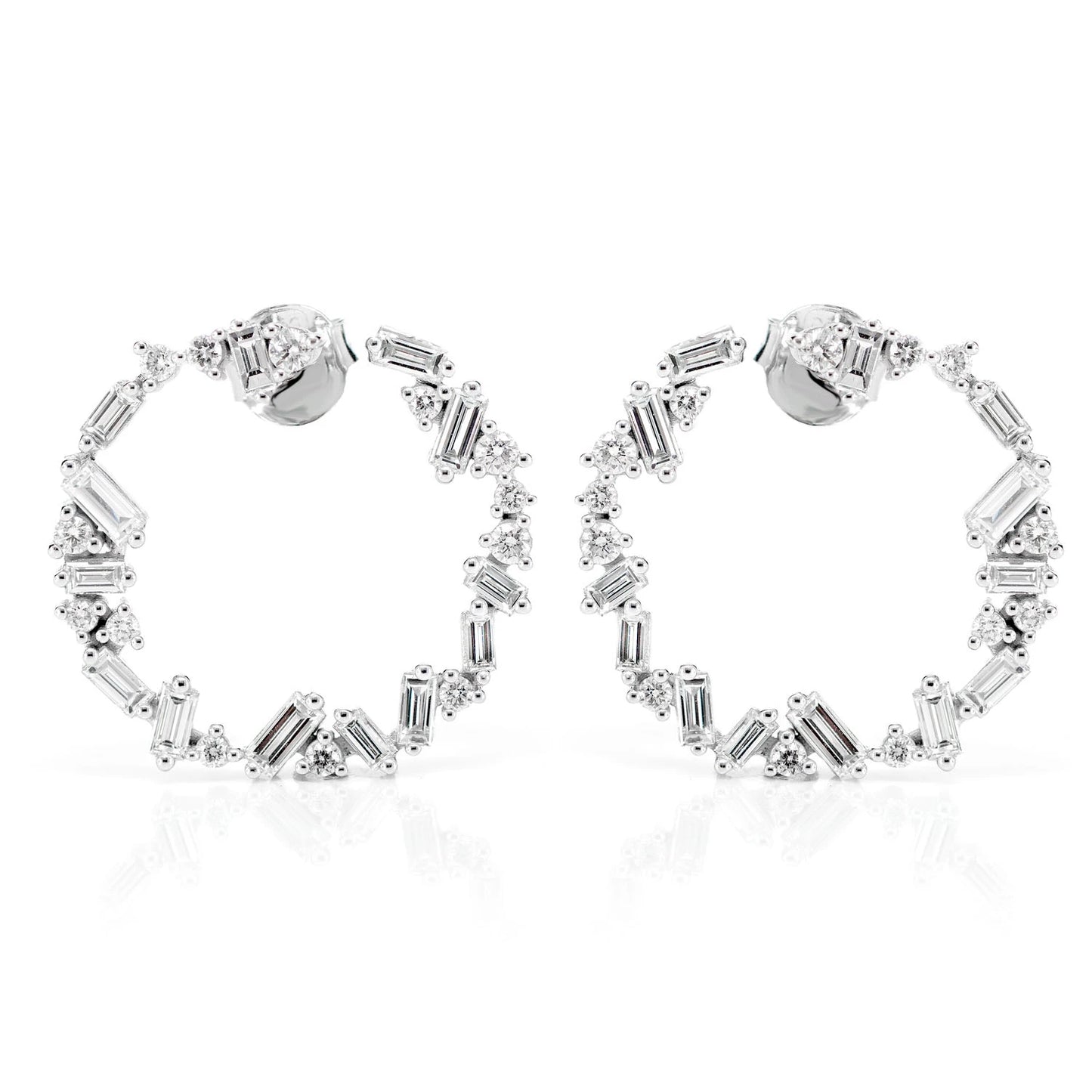 Jagged Round and Baguette Diamond Hoop Earrings