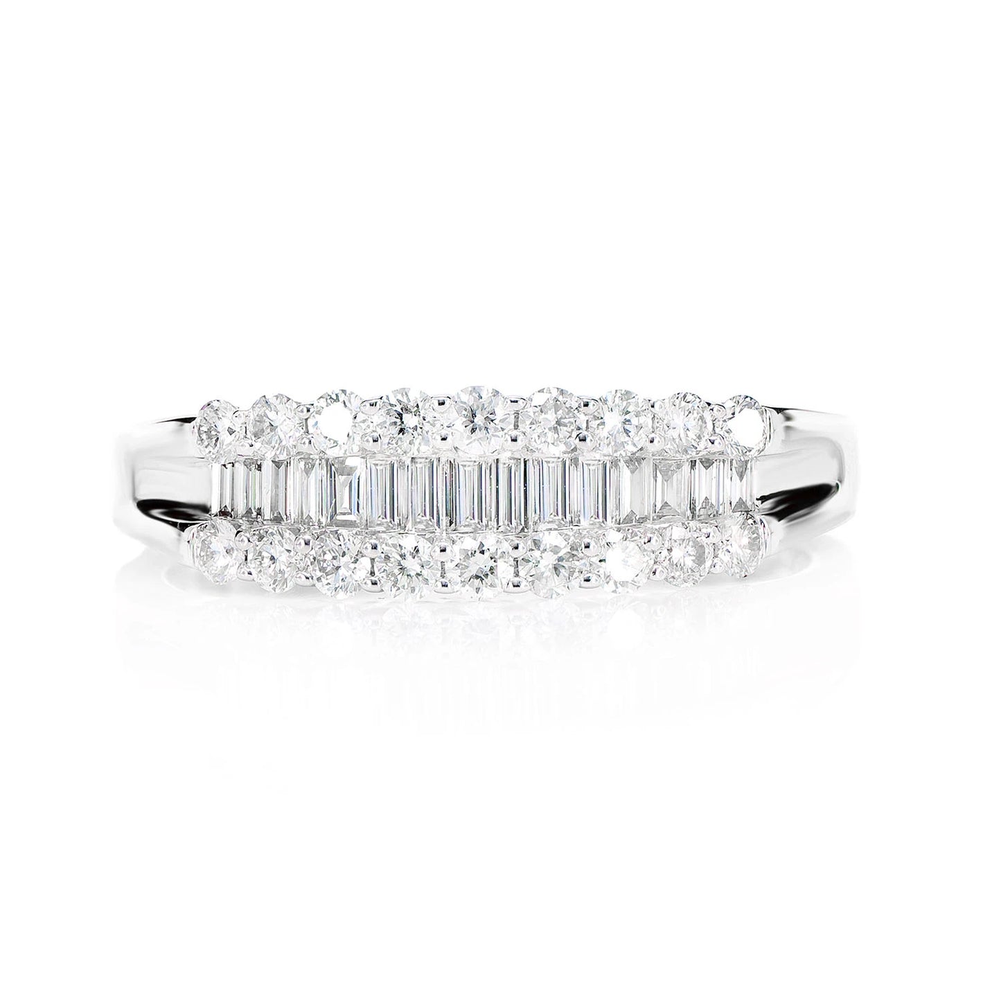 Round & Baguette Channel Diamond Ring in 14K white gold, front view