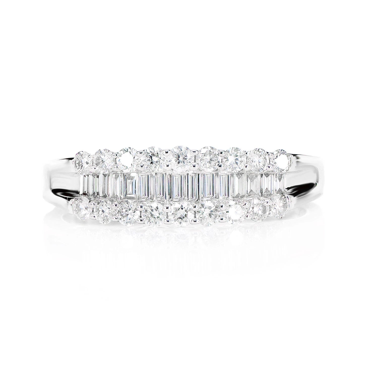 Round & Baguette Channel Diamond Ring in 14K white gold, front view