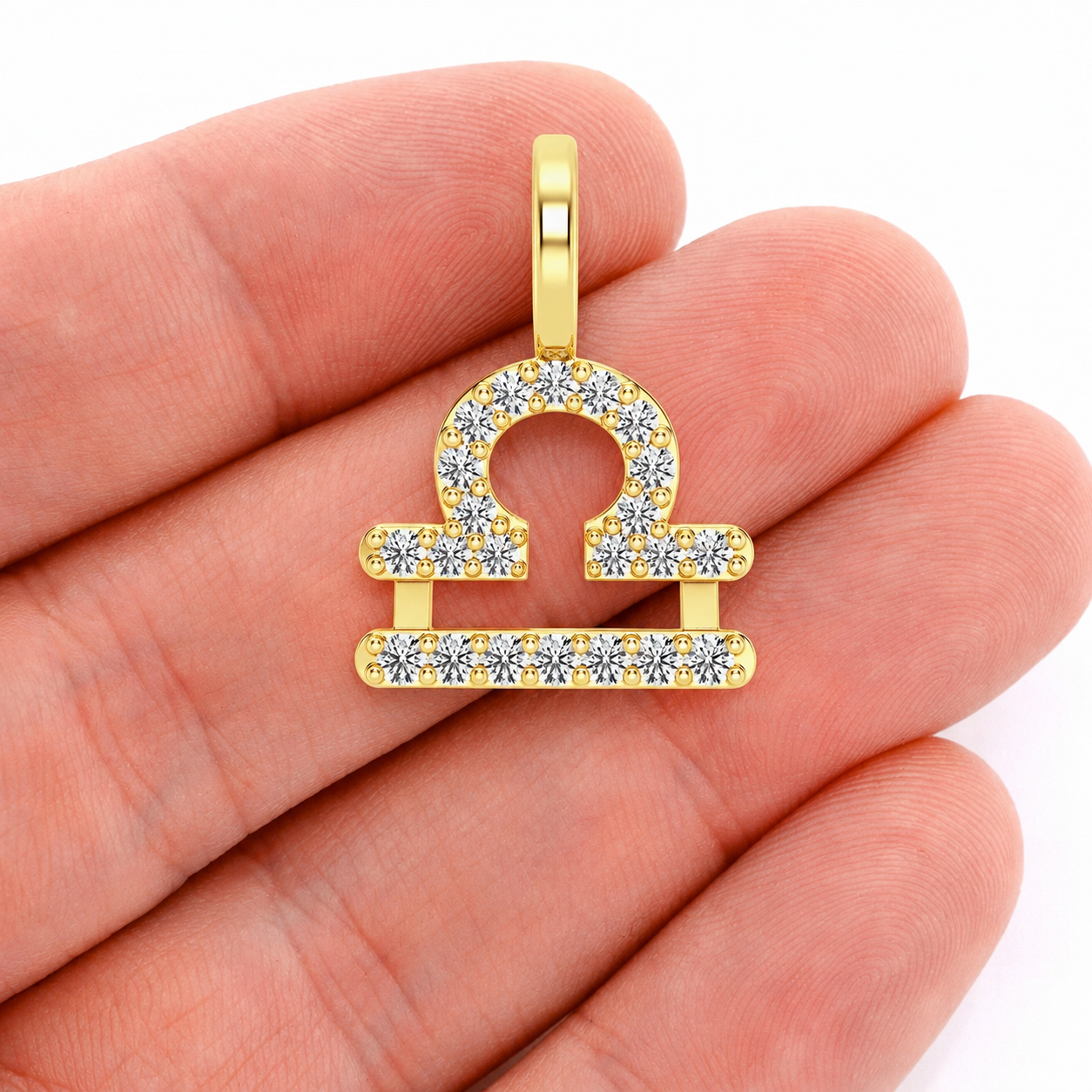 Astrology Zodiac Diamond Pendant in 14K yellow gold, Libra design, angled view