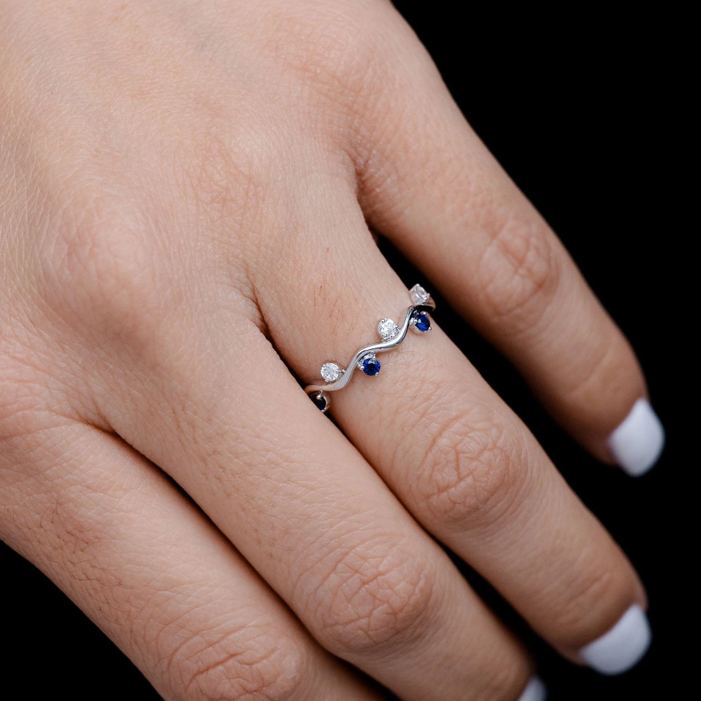 Blue Sapphire and Diamond Six Stone Vine Ring