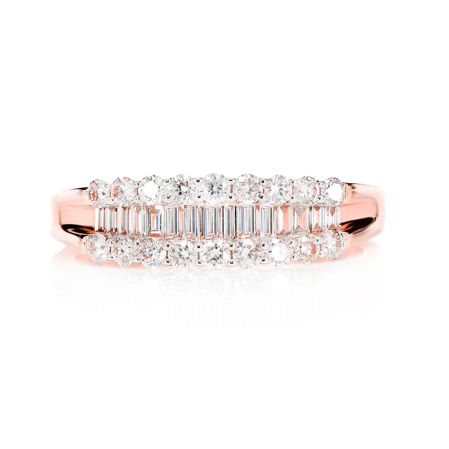 Round & Baguette Channel Diamond Ring in 14K rose gold, front view