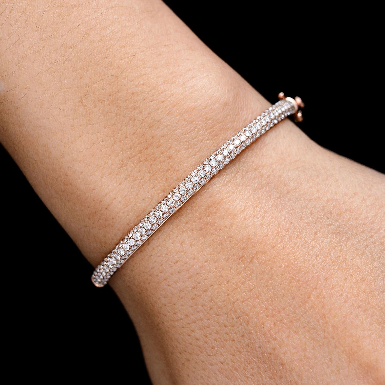 Three Row Pavé Diamond Bangle in 14K rose gold, 1.95ctw, angled view