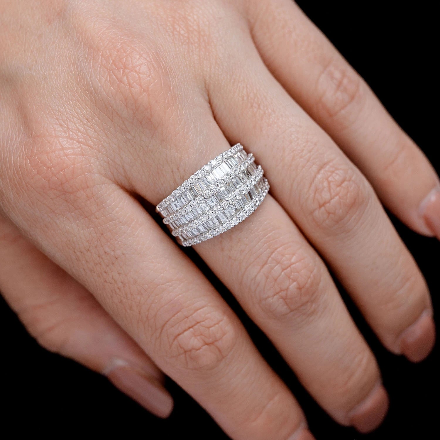 Tapered Three Row Baguette & Round Diamond Ring in 14K white gold, alternate view