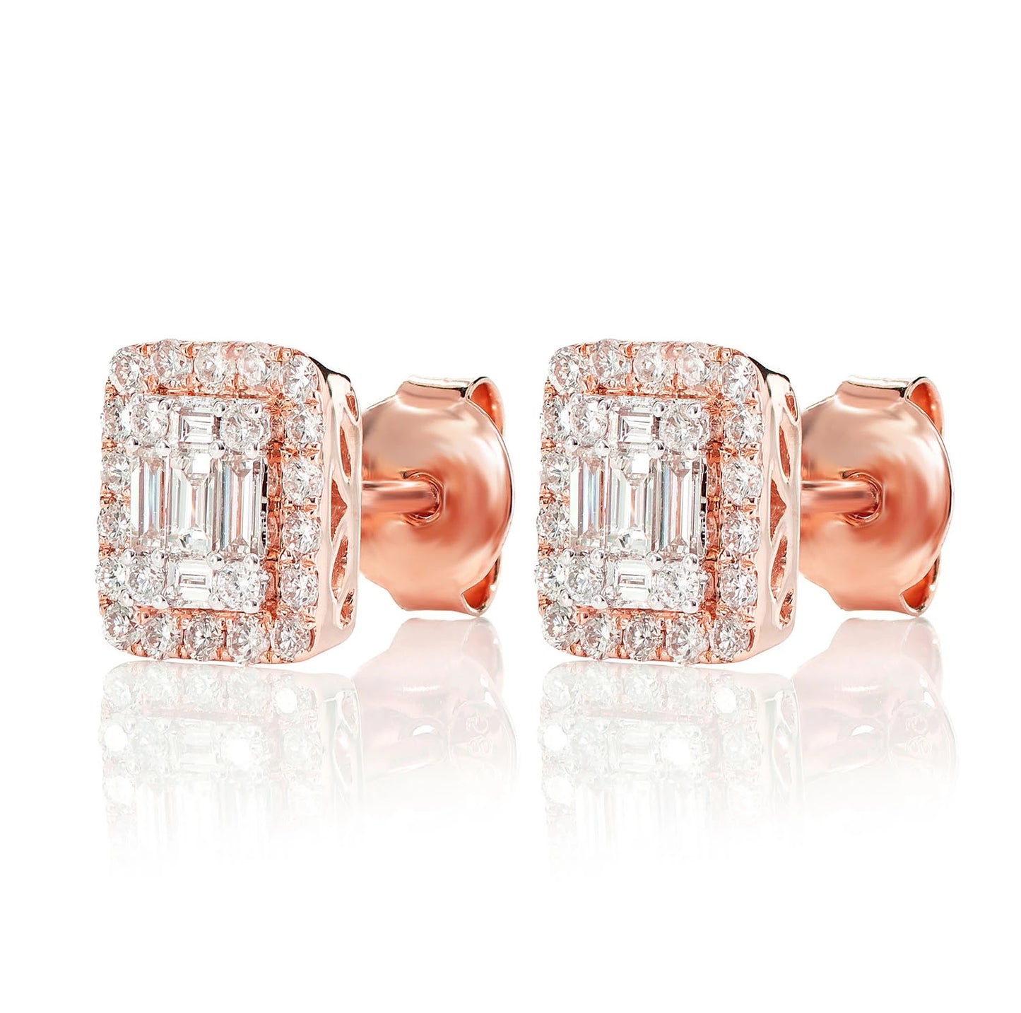 Halo Diamond Baguette Stud Earrings