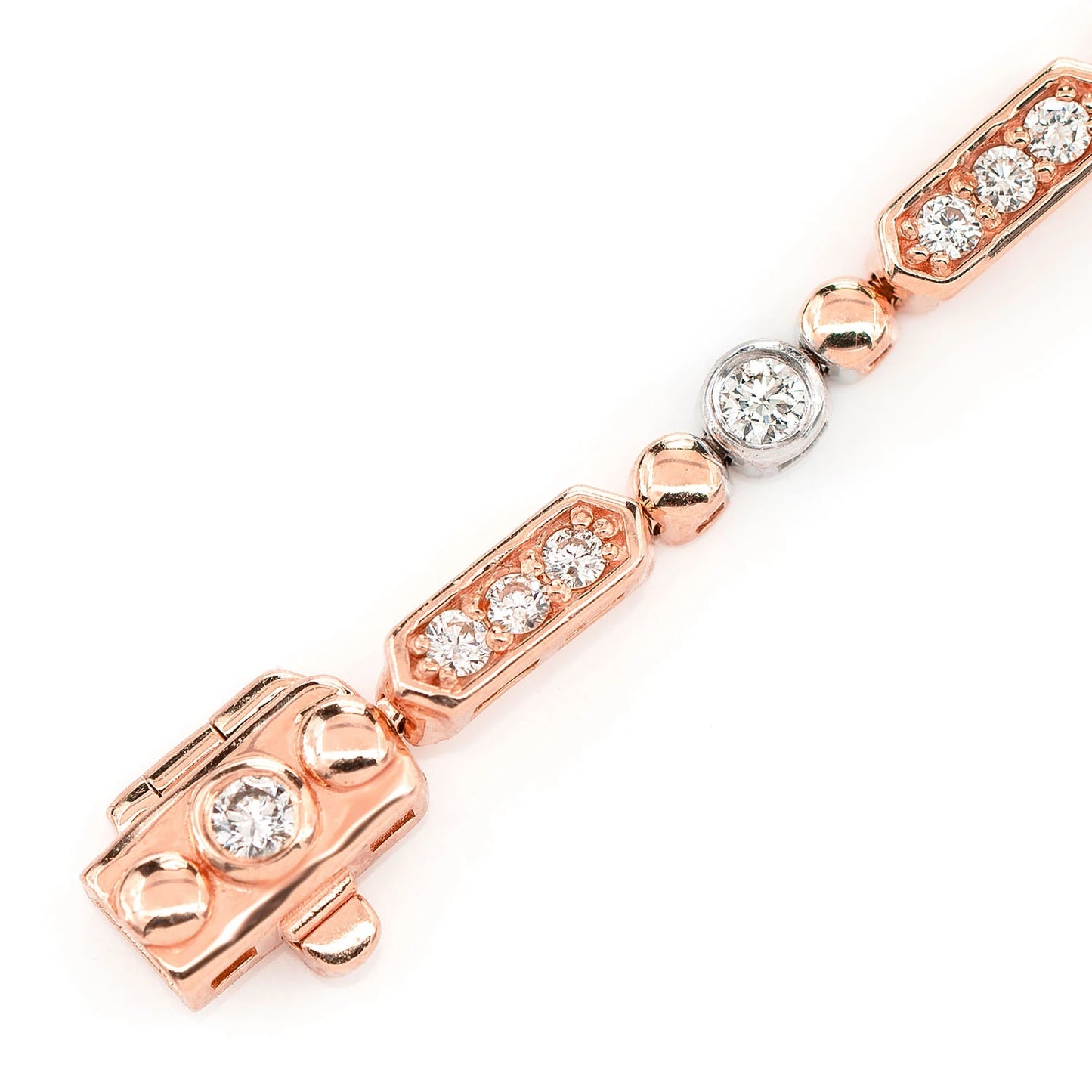 Alternating Bezel & Bar Diamond Link Bracelet in two tone rose 14k gold, detail view