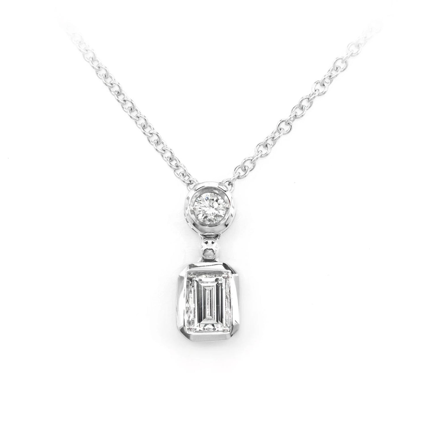 Emerald Cut Diamond Bezel Drop Necklace in 14K white gold, front view