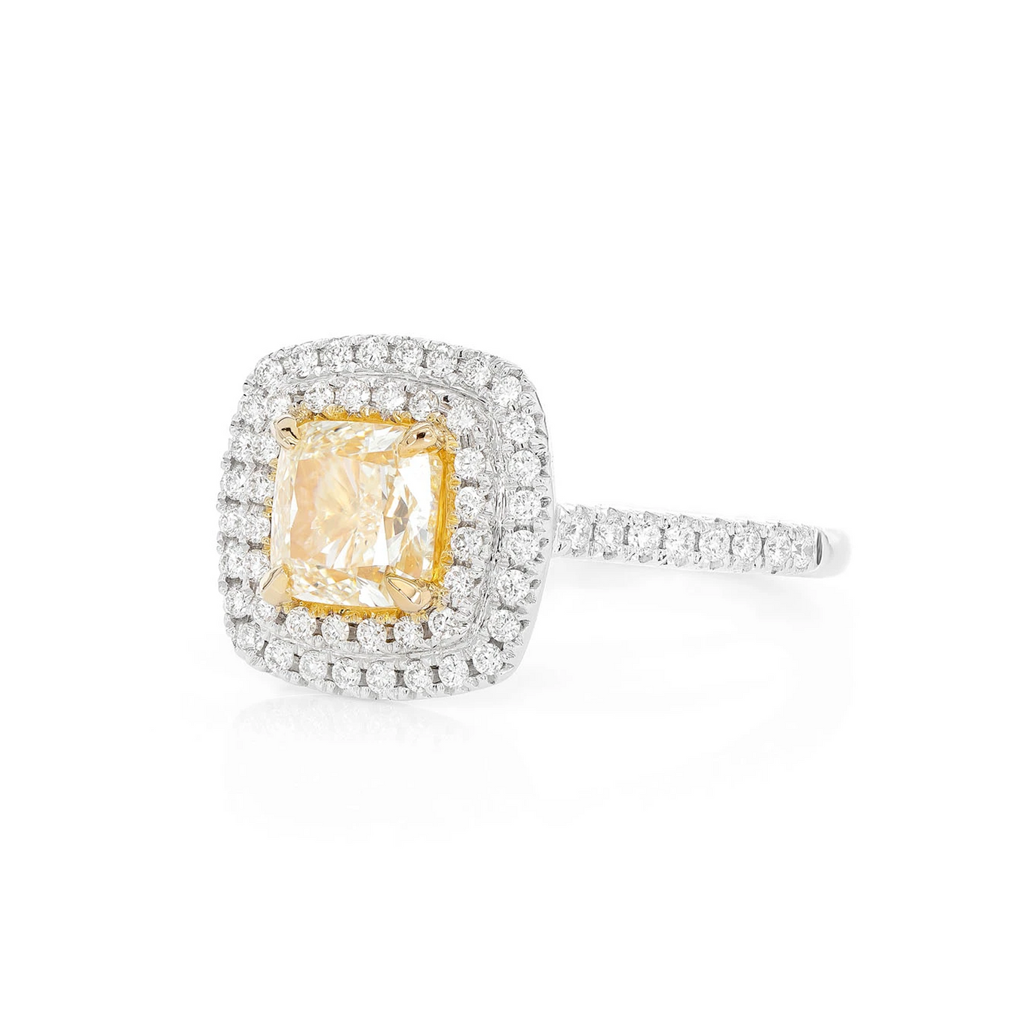 Classic Yellow Diamond Double Halo Engagement Ring in two-tone 14k gold, side view