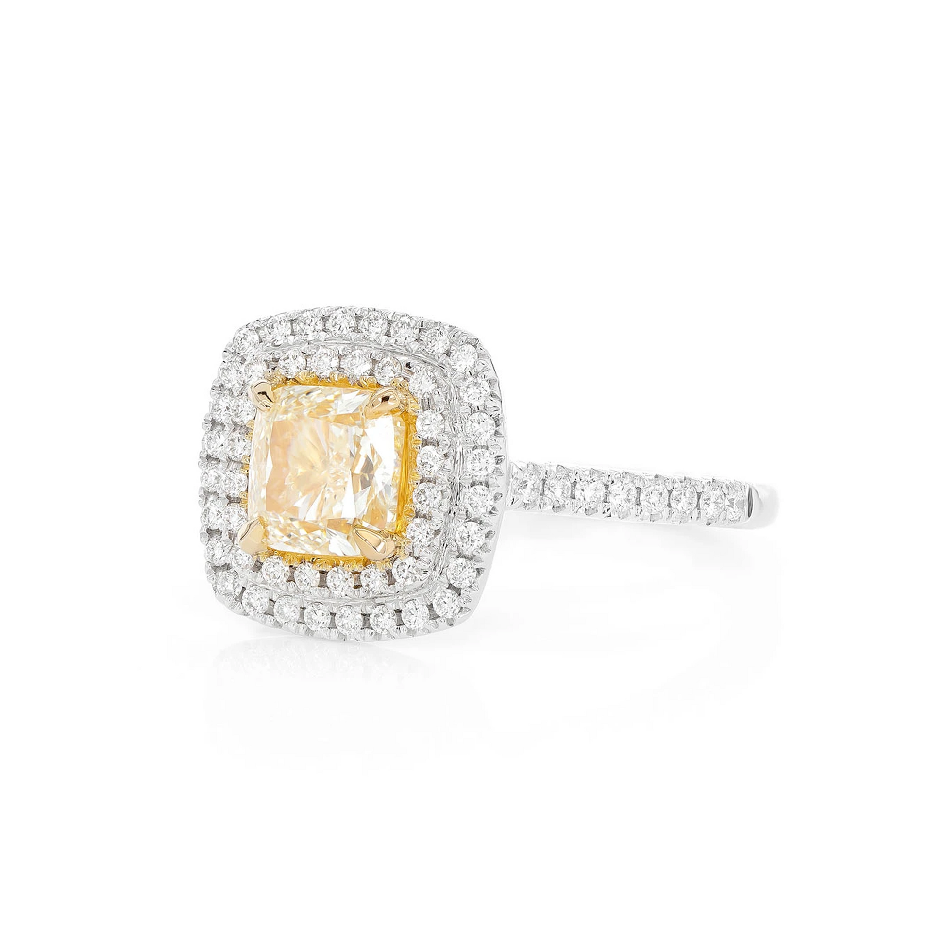 Classic Yellow Diamond Double Halo Engagement Ring in two-tone 14k gold, side view