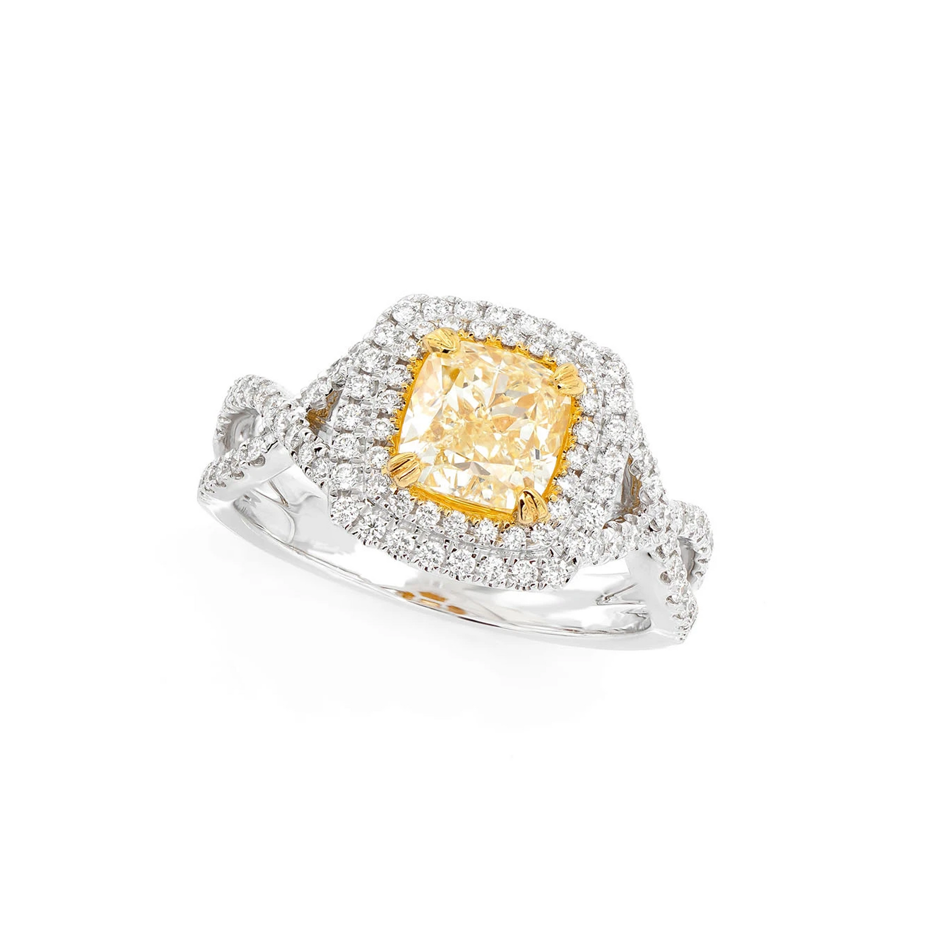Yellow Diamond Double Halo Engagement Ring in two-tone 14k gold, angled view