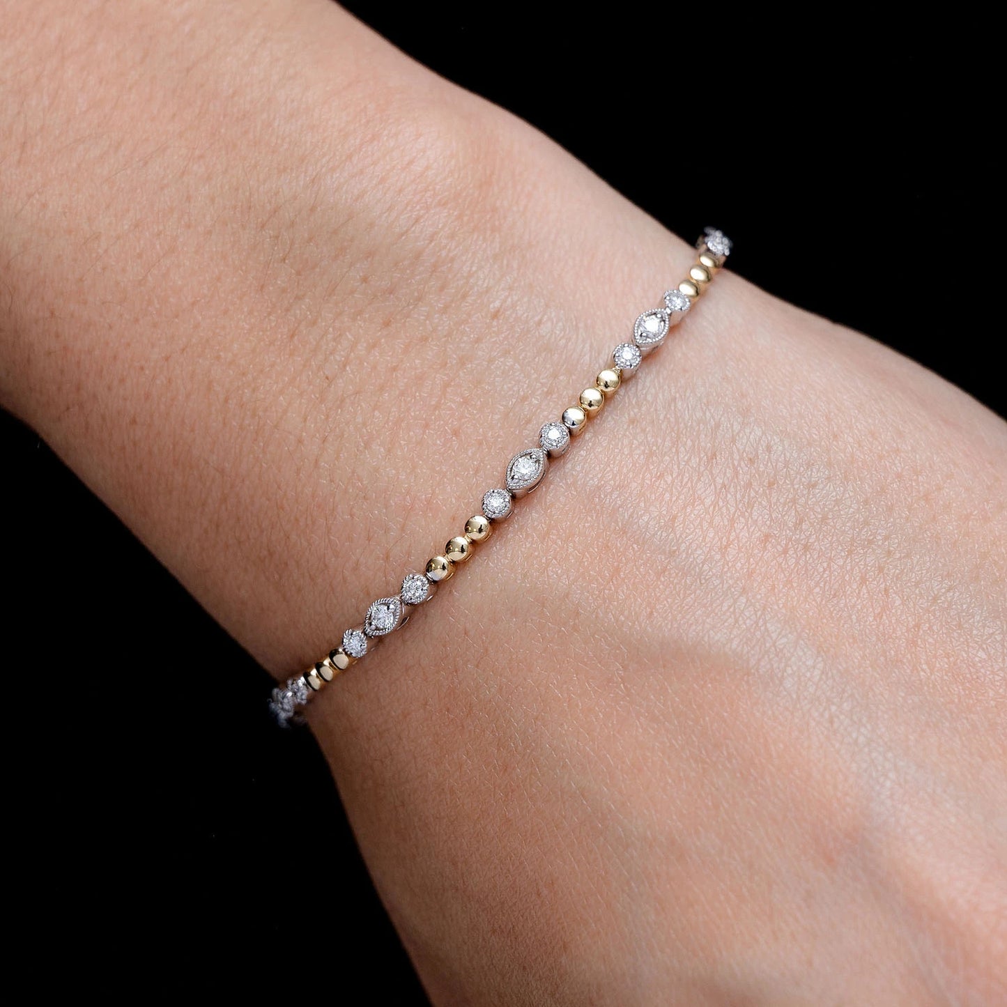 Oval & Round Bezel Diamond Link Bracelet in two-tone 14k gold, alternate view