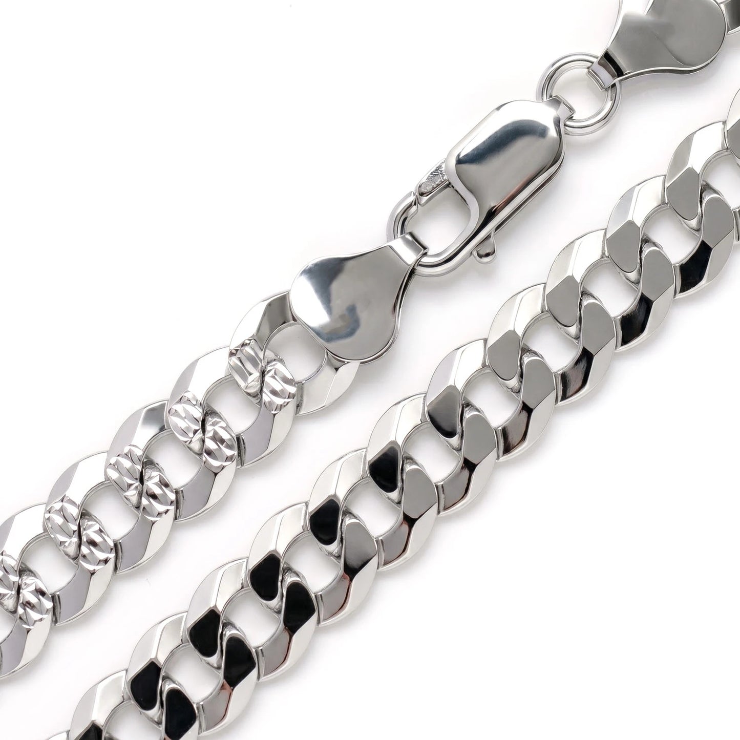 Sterling Silver Flat Curb Chain in 925 sterling silver, 7.5mm width, angled view