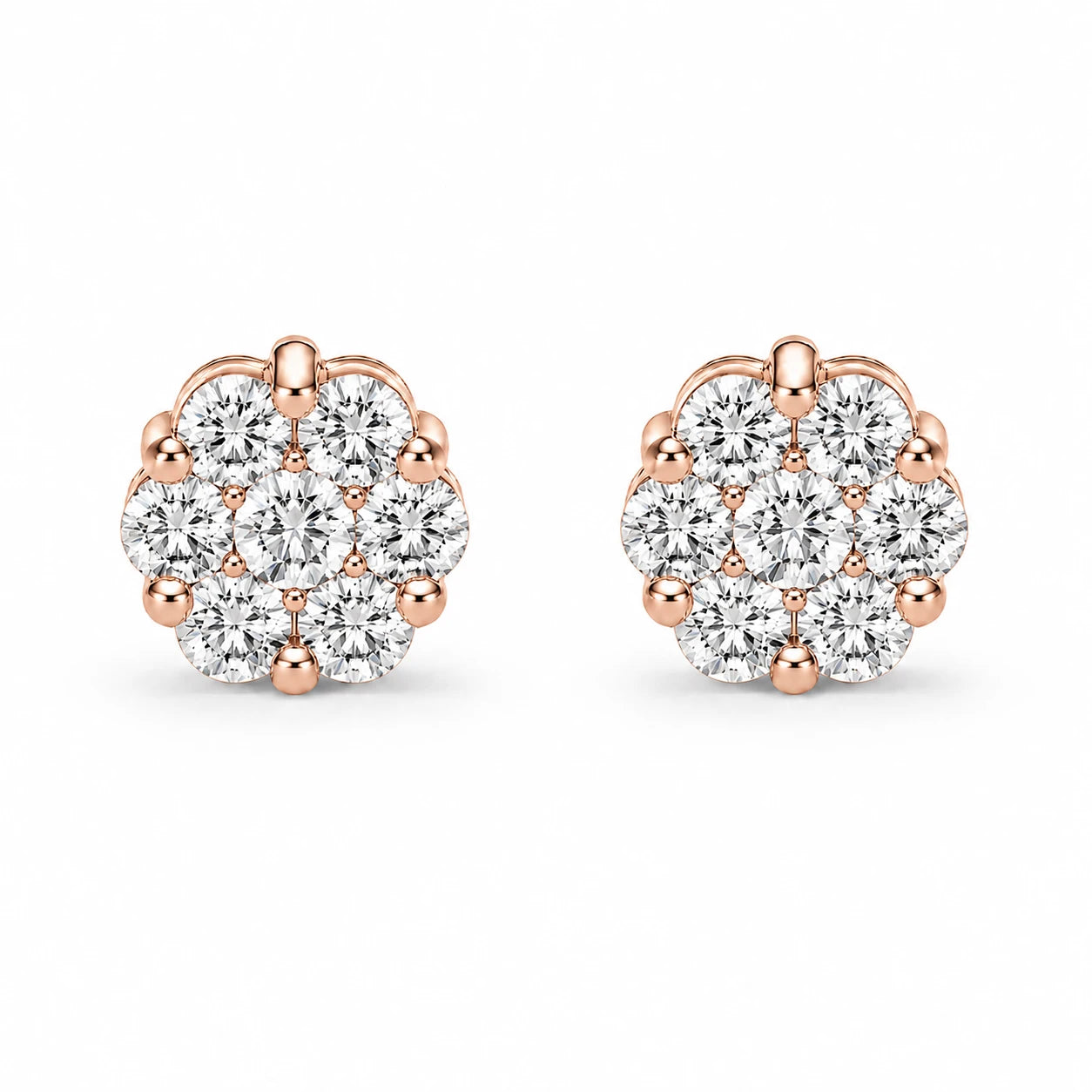 Flower Diamond Studs in 14K rose gold, 0.75ctw, front view