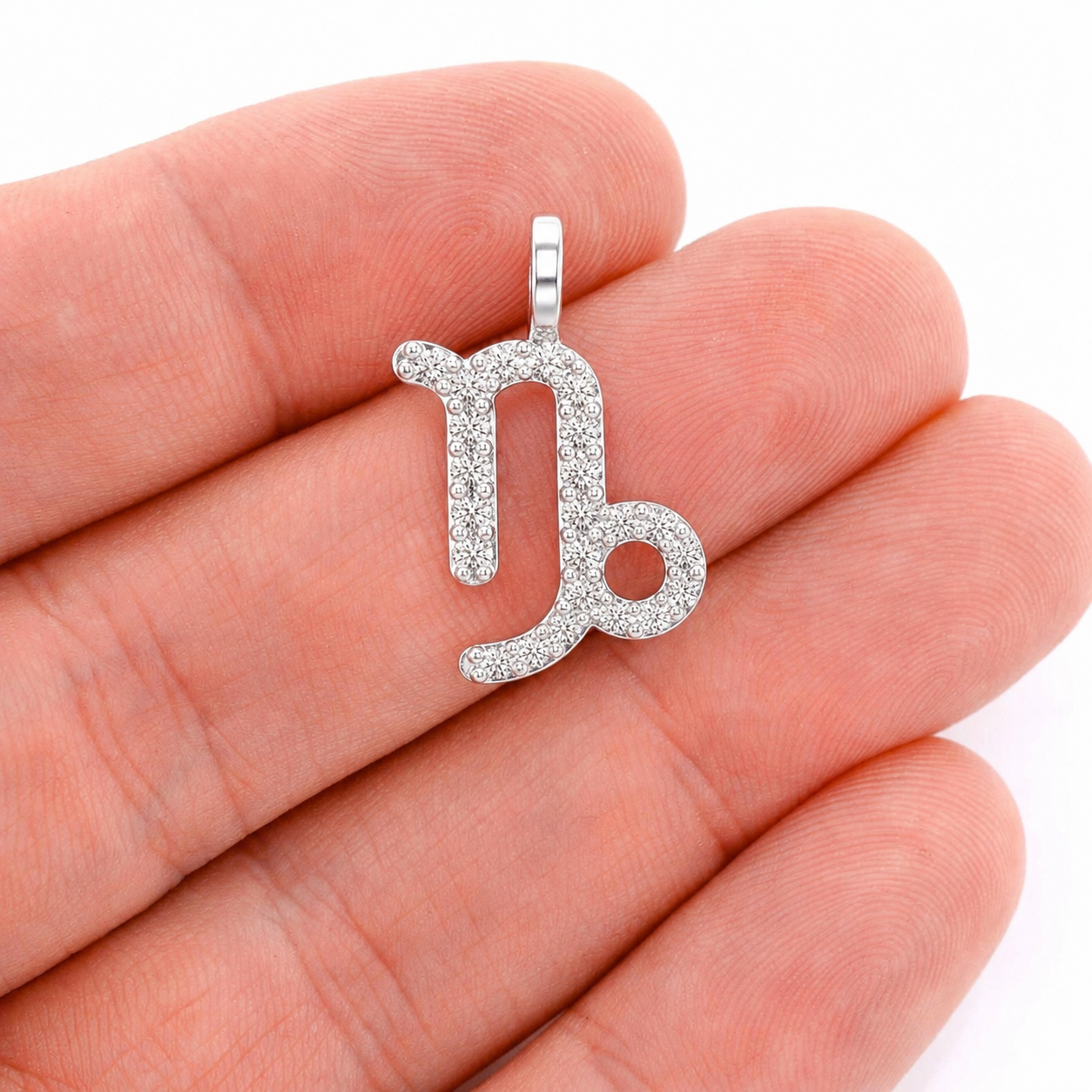 Astrology Zodiac Diamond Pendant in 14K white gold, Capricorn design, angled view